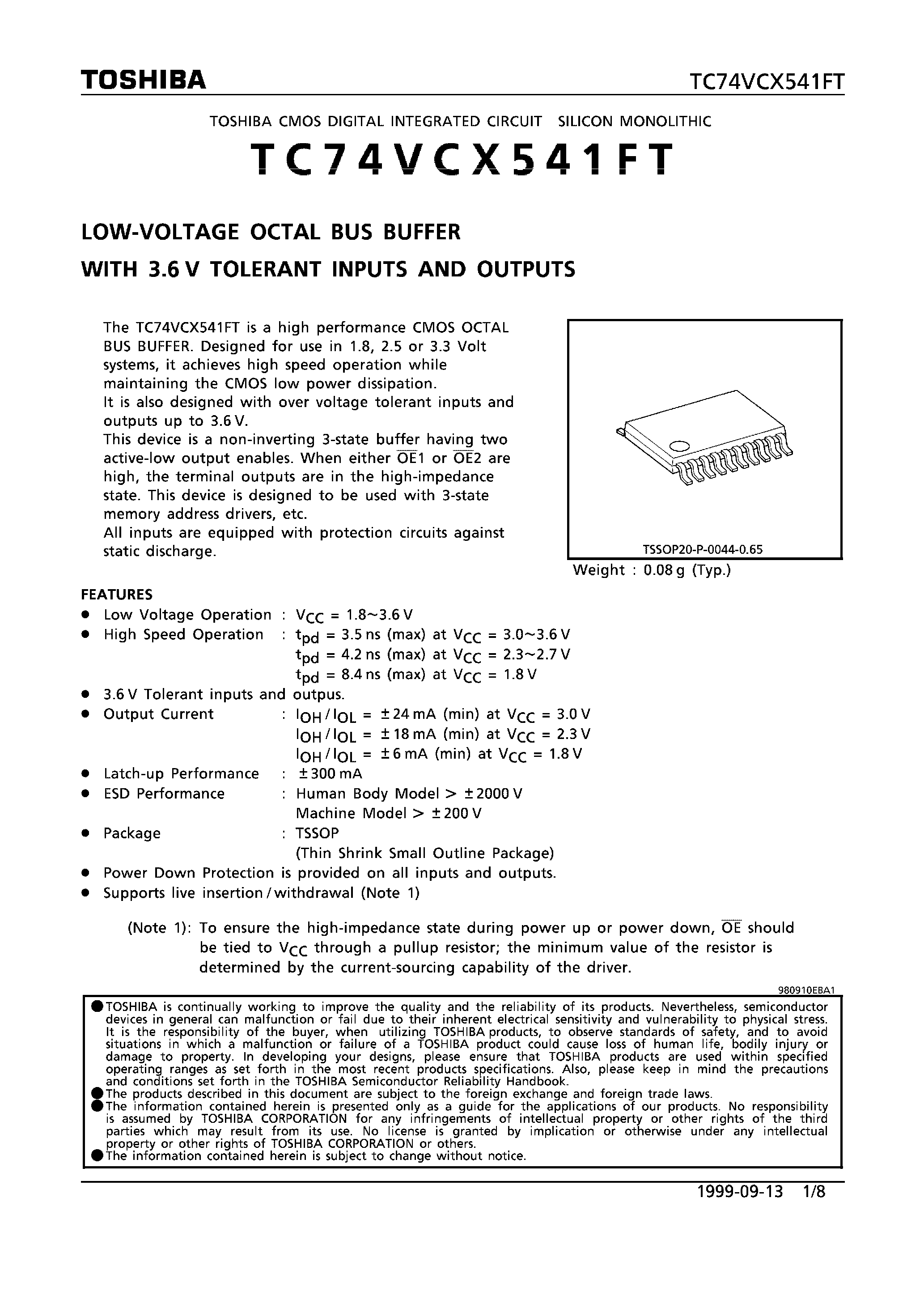 Datasheet TC74VCX541FT - LOW VOLTAGE OCTAL BUS BUFFER WITH 3.6V TOLERANT INPUTS AND OUTPUTS page 1