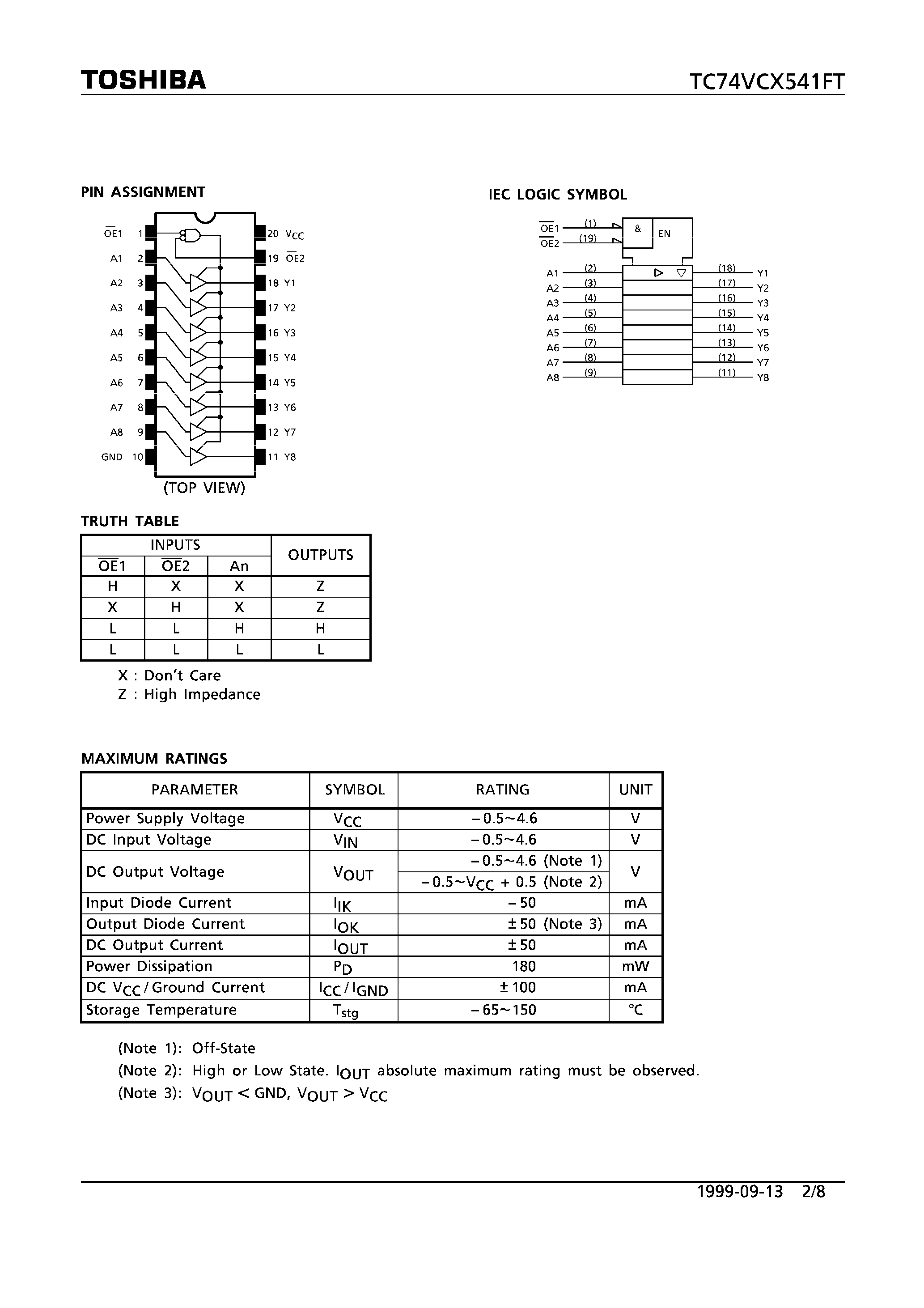 Datasheet TC74VCX541FT - LOW VOLTAGE OCTAL BUS BUFFER WITH 3.6V TOLERANT INPUTS AND OUTPUTS page 2