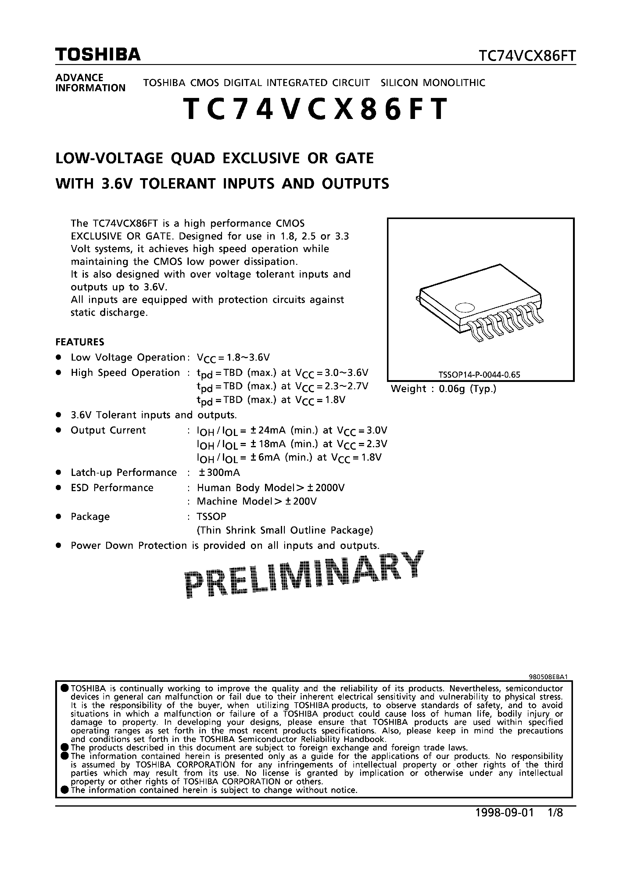 Datasheet TC74VCX86FT - LOW VOLTAGE QUAD EXCLUSIVEL OR GATE WITH 3.6V TOLERANT INPUTS AND OUTPUTS page 1