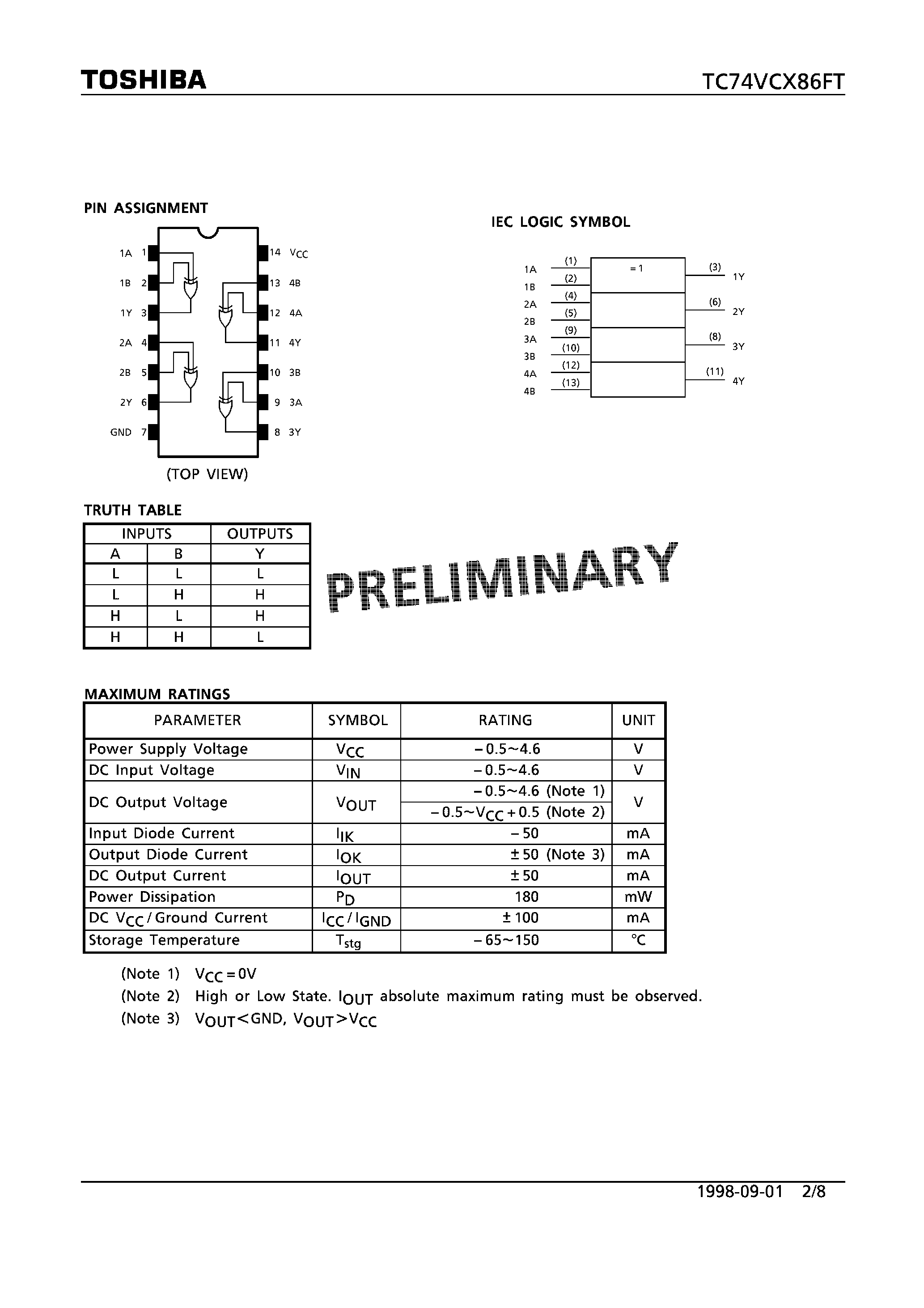 Datasheet TC74VCX86FT - LOW VOLTAGE QUAD EXCLUSIVEL OR GATE WITH 3.6V TOLERANT INPUTS AND OUTPUTS page 2