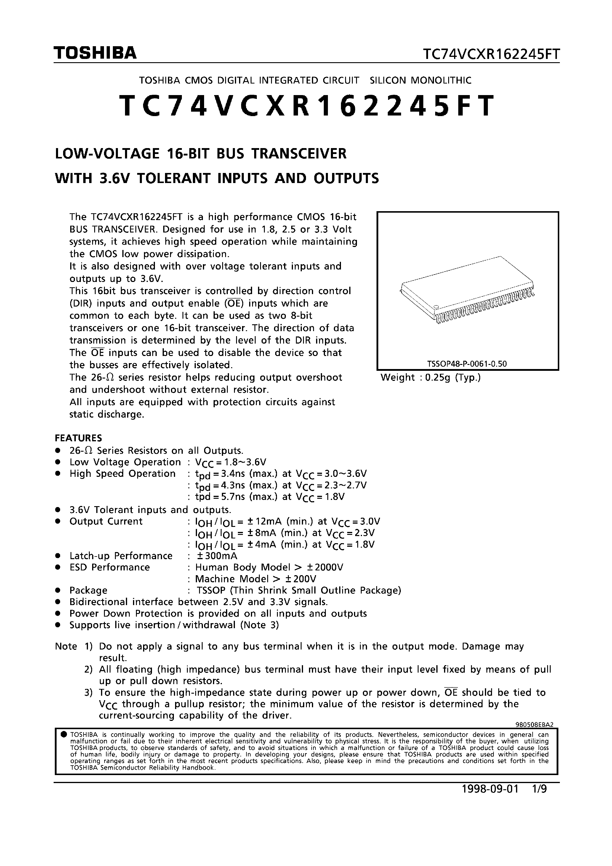 Datasheet TC74VCXR162245FT - LOW VOLTAGE 16-BIT BUS TRANSCEIVER WITH 3.6V TOLERANT INPUTS AND OUTPUTS page 1