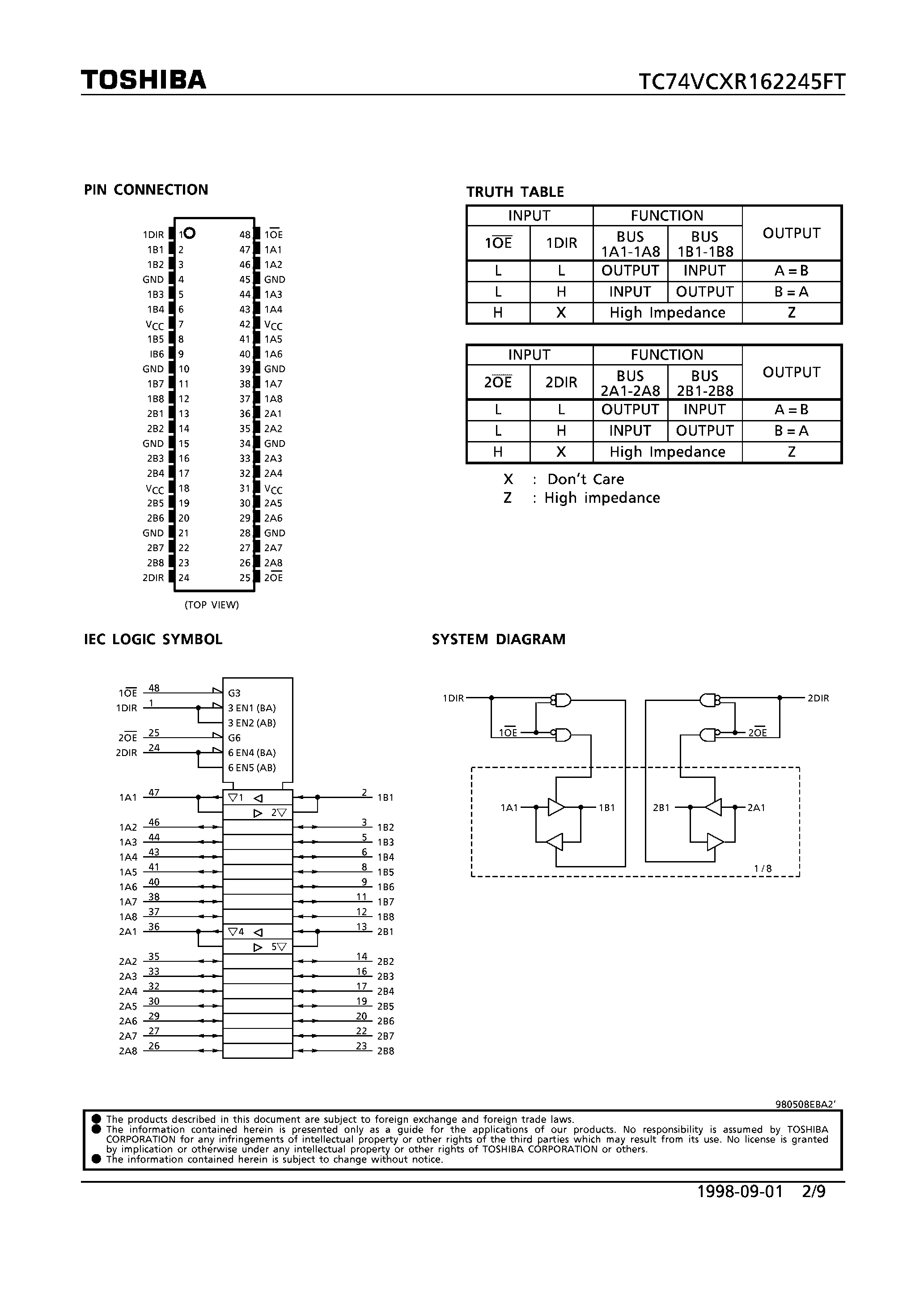 Datasheet TC74VCXR162245FT - LOW VOLTAGE 16-BIT BUS TRANSCEIVER WITH 3.6V TOLERANT INPUTS AND OUTPUTS page 2