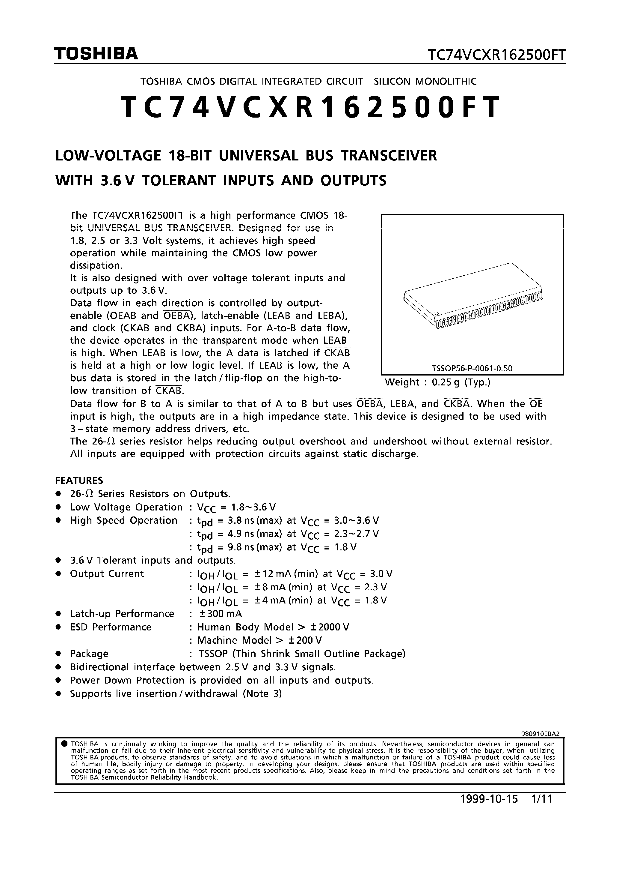 Datasheet TC74VCXR162500FT - LOW VOLTAGE 18-BIT UNIVERSAL BUS TRANSCEIVER WITH 3.6V TOLERANT INPUTS AND OUTPUTS page 1