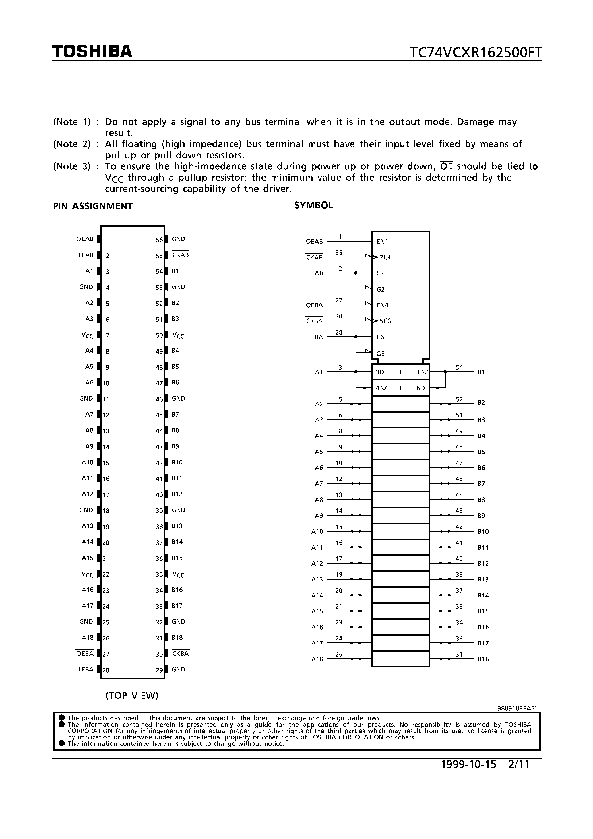 Datasheet TC74VCXR162500FT - LOW VOLTAGE 18-BIT UNIVERSAL BUS TRANSCEIVER WITH 3.6V TOLERANT INPUTS AND OUTPUTS page 2