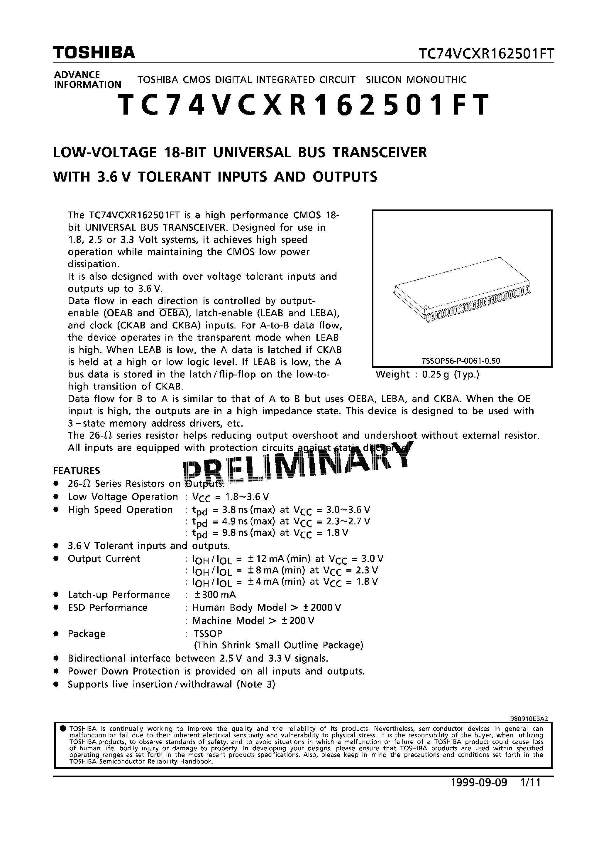 Datasheet TC74VCXR162501FT - LOW VOLTAGE 18-BIT UNIVERSAL BUS TRANSCEIVER WITH 3.6V TOLERANT INPUTS AND OUTPUTS page 1
