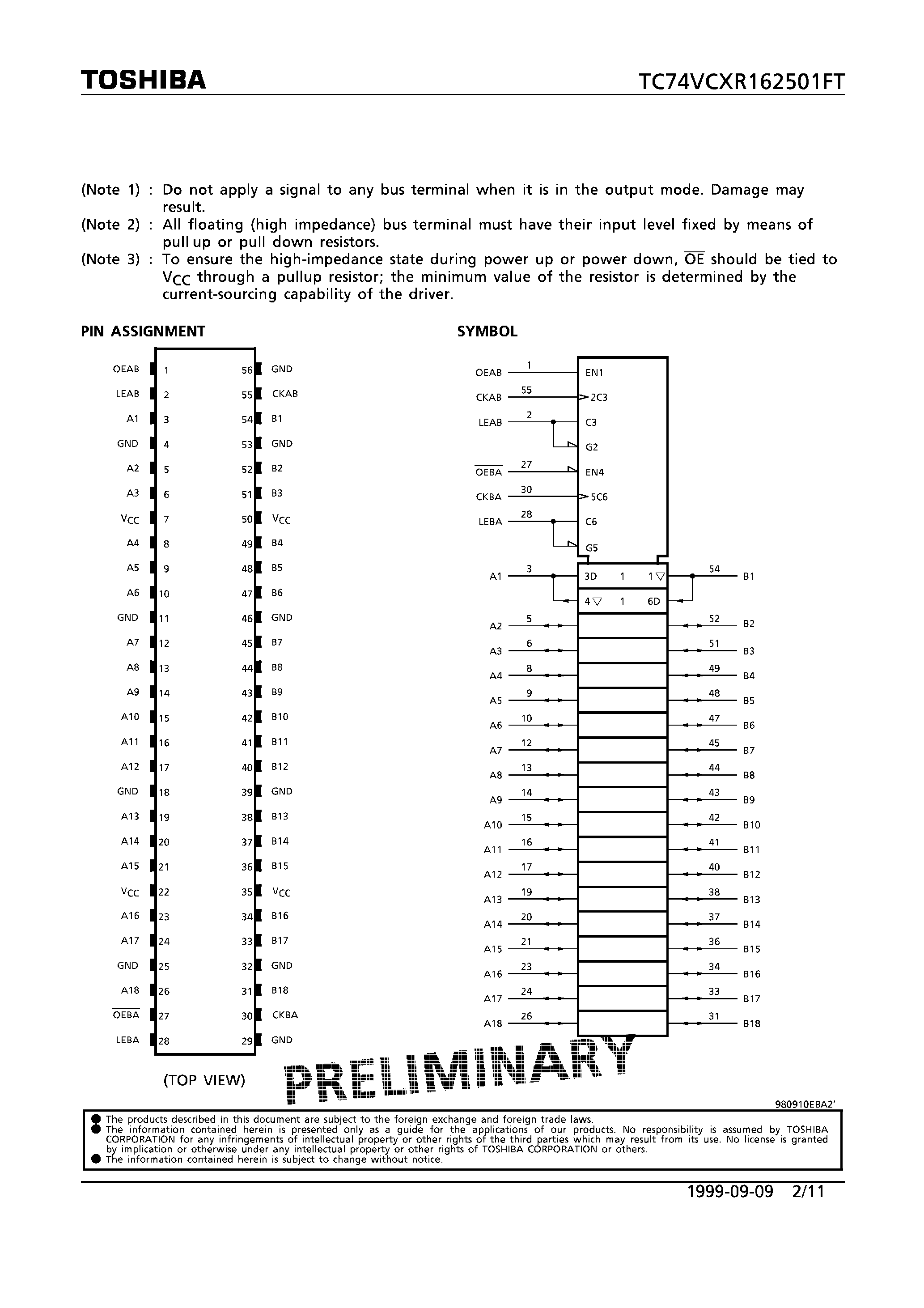 Datasheet TC74VCXR162501FT - LOW VOLTAGE 18-BIT UNIVERSAL BUS TRANSCEIVER WITH 3.6V TOLERANT INPUTS AND OUTPUTS page 2