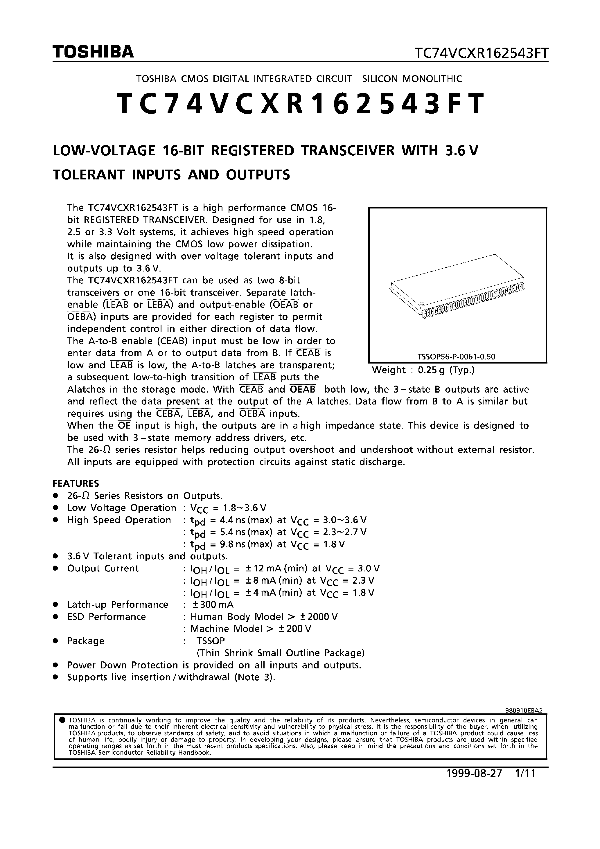 Datasheet TC74VCXR162543FT - LOW VOLTAGE 16-BIT REGISTERED TRANSCEIVER WITH 3.6V TOLERANT INPUTS AND OUTPUTS page 1