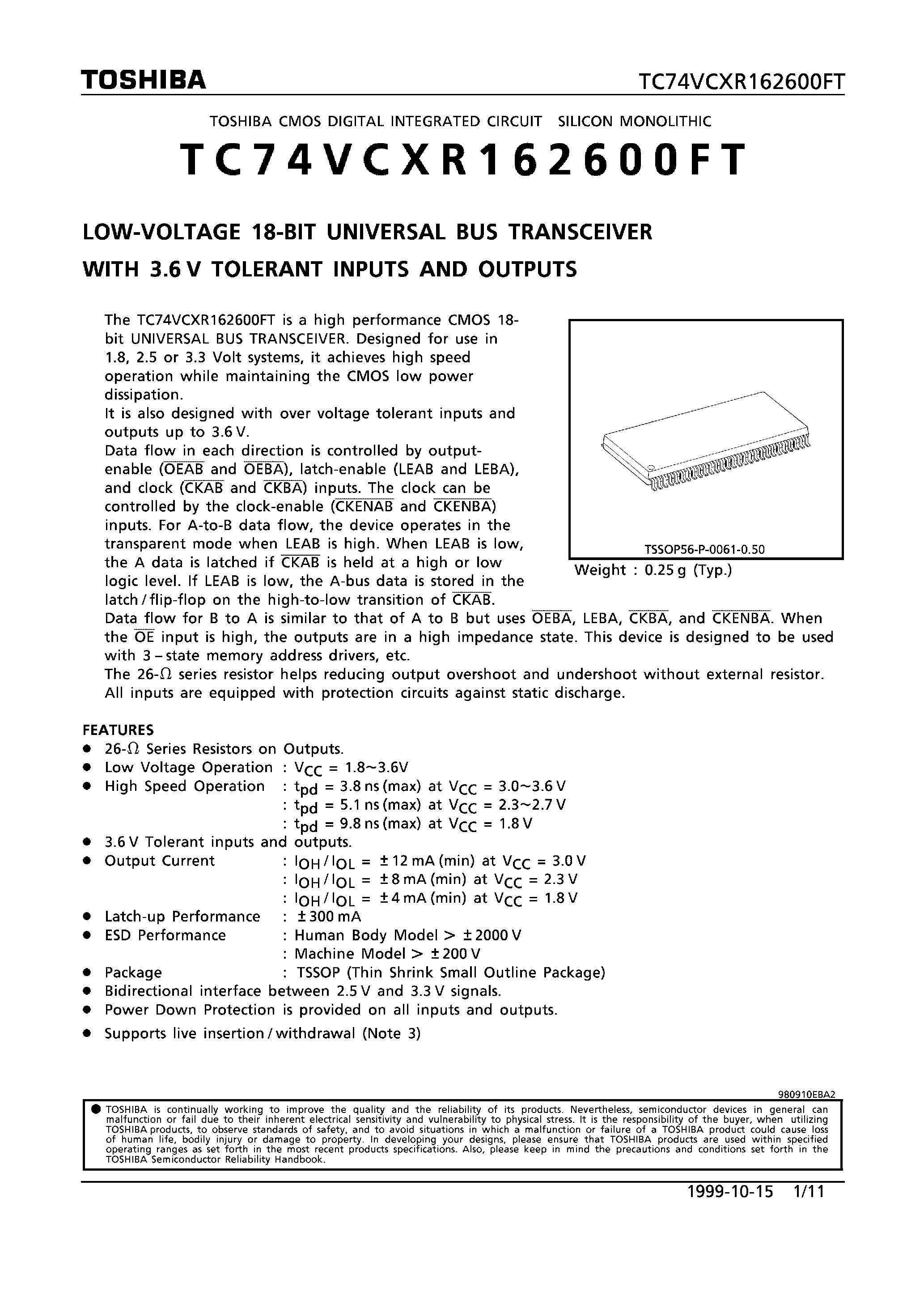 Datasheet TC74VCXR162600FT - LOW VOLTAGE 18-BIT UNIVERSAL BUS TRANSCEIVER WITH 3.6V TOLERANT INPUTS AND OUTPUTS page 1