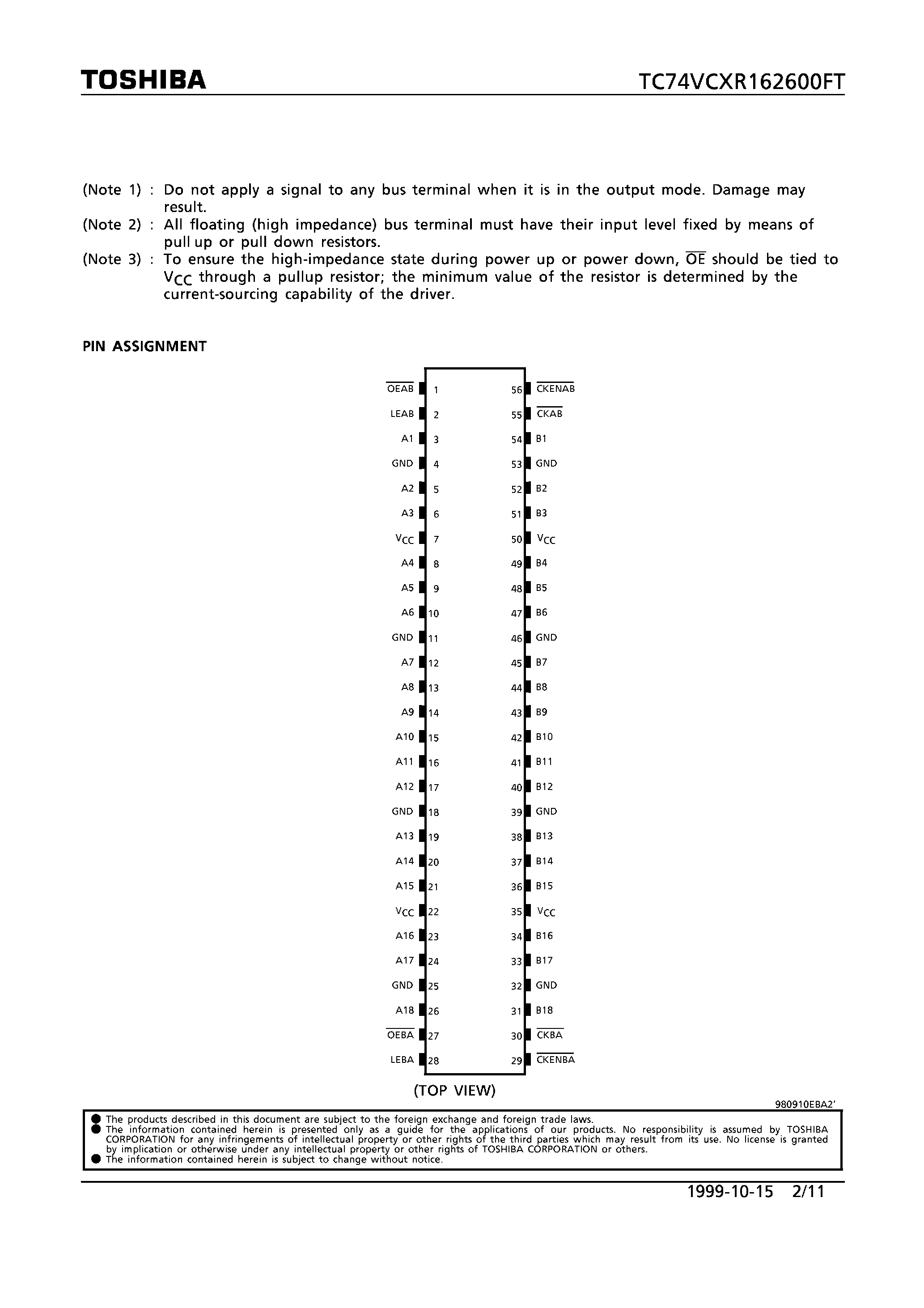 Datasheet TC74VCXR162600FT - LOW VOLTAGE 18-BIT UNIVERSAL BUS TRANSCEIVER WITH 3.6V TOLERANT INPUTS AND OUTPUTS page 2