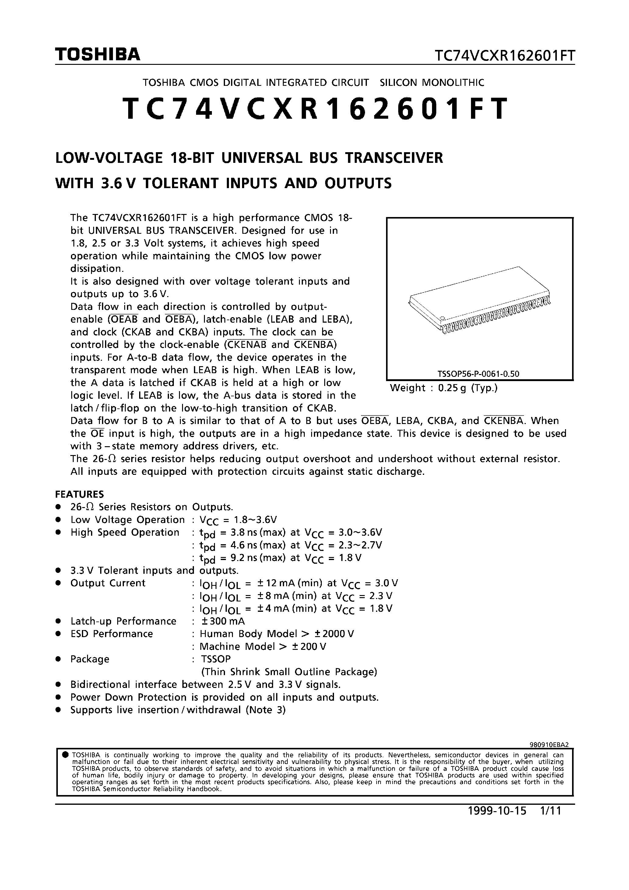 Datasheet TC74VCXR162601FT - LOW VOLTAGE 18-BIT UNIVERSAL BUS TRANSCEIVER WITH 3.6V TOLERANT INPUTS AND OUTPUTS page 1