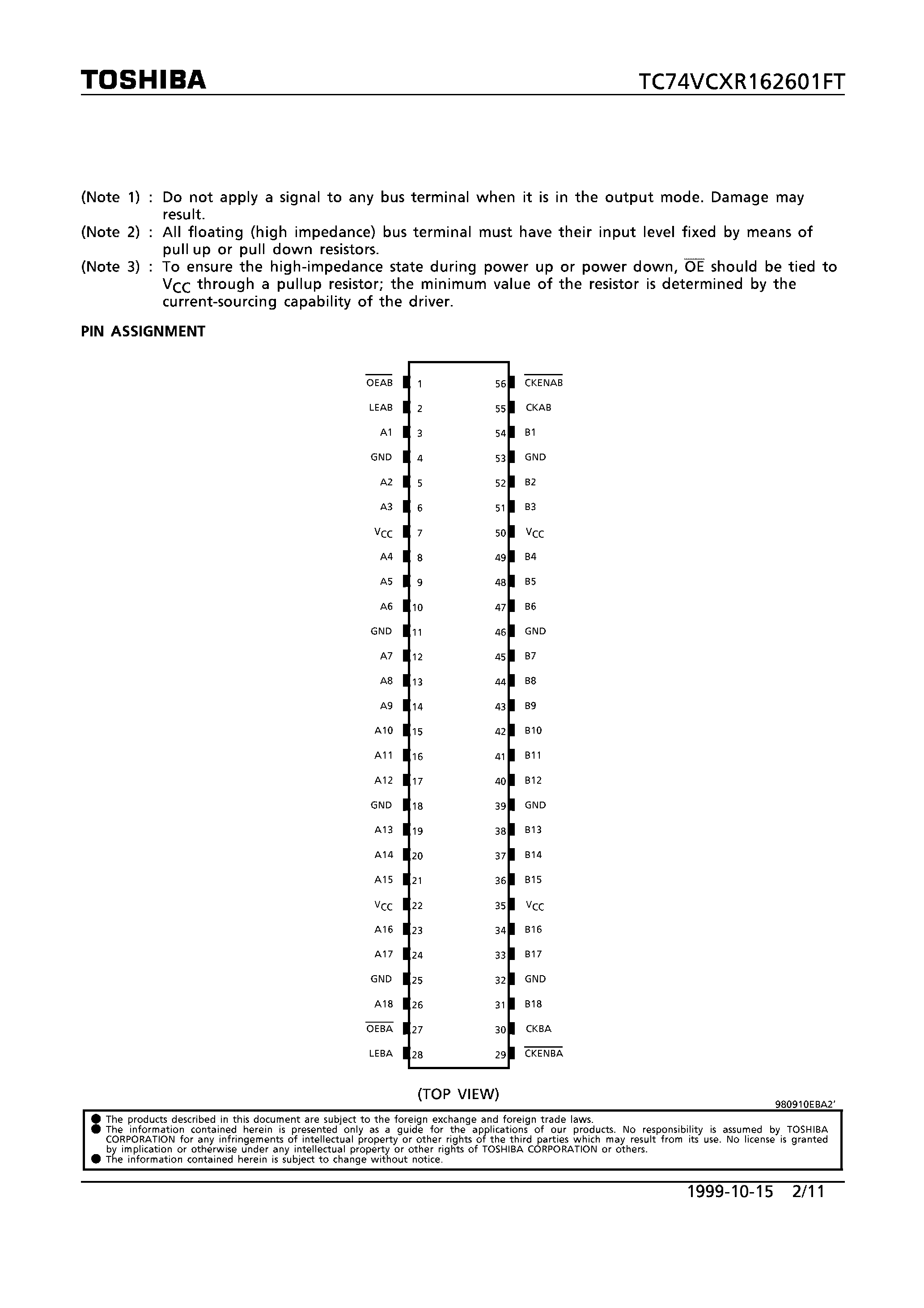 Datasheet TC74VCXR162601FT - LOW VOLTAGE 18-BIT UNIVERSAL BUS TRANSCEIVER WITH 3.6V TOLERANT INPUTS AND OUTPUTS page 2