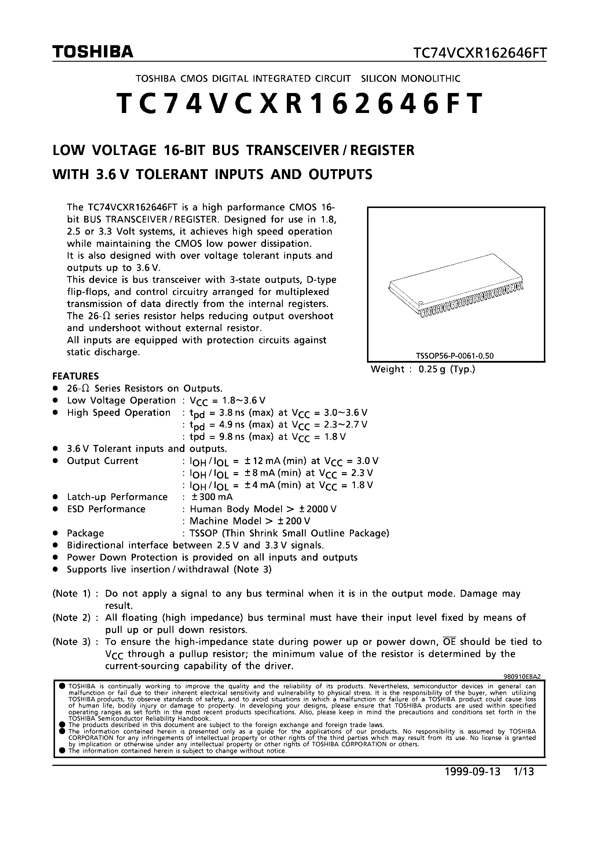 Datasheet TC74VCXR162646FT - LOW VOLTAGE 16-BIT BUS TRANSCEIVER/REGISTER WITH 3.6V TOLERANT INPUTS AND OUTPUTS page 1