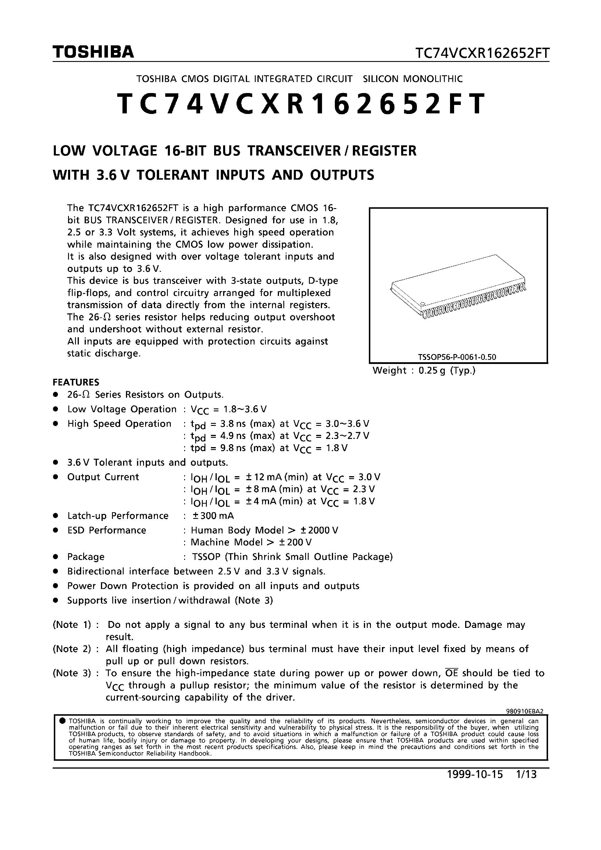 Datasheet TC74VCXR162652FT - LOW VOLTAGE 16-BIT BUS TRANSCEIVER/REGISTER WITH 3.6V TOLERANT INPUTS AND OUTPUTS page 1