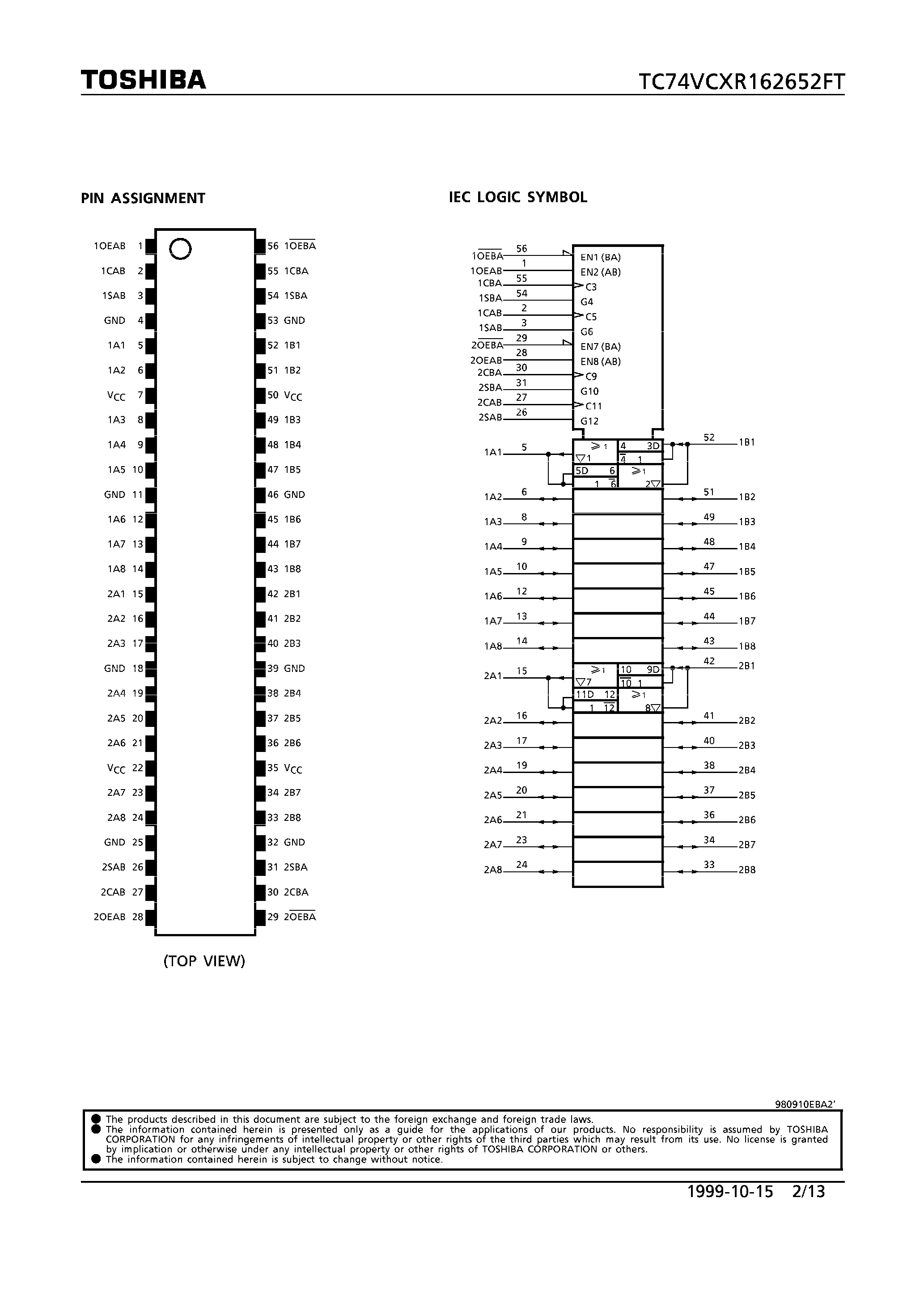 Datasheet TC74VCXR162652FT - LOW VOLTAGE 16-BIT BUS TRANSCEIVER/REGISTER WITH 3.6V TOLERANT INPUTS AND OUTPUTS page 2