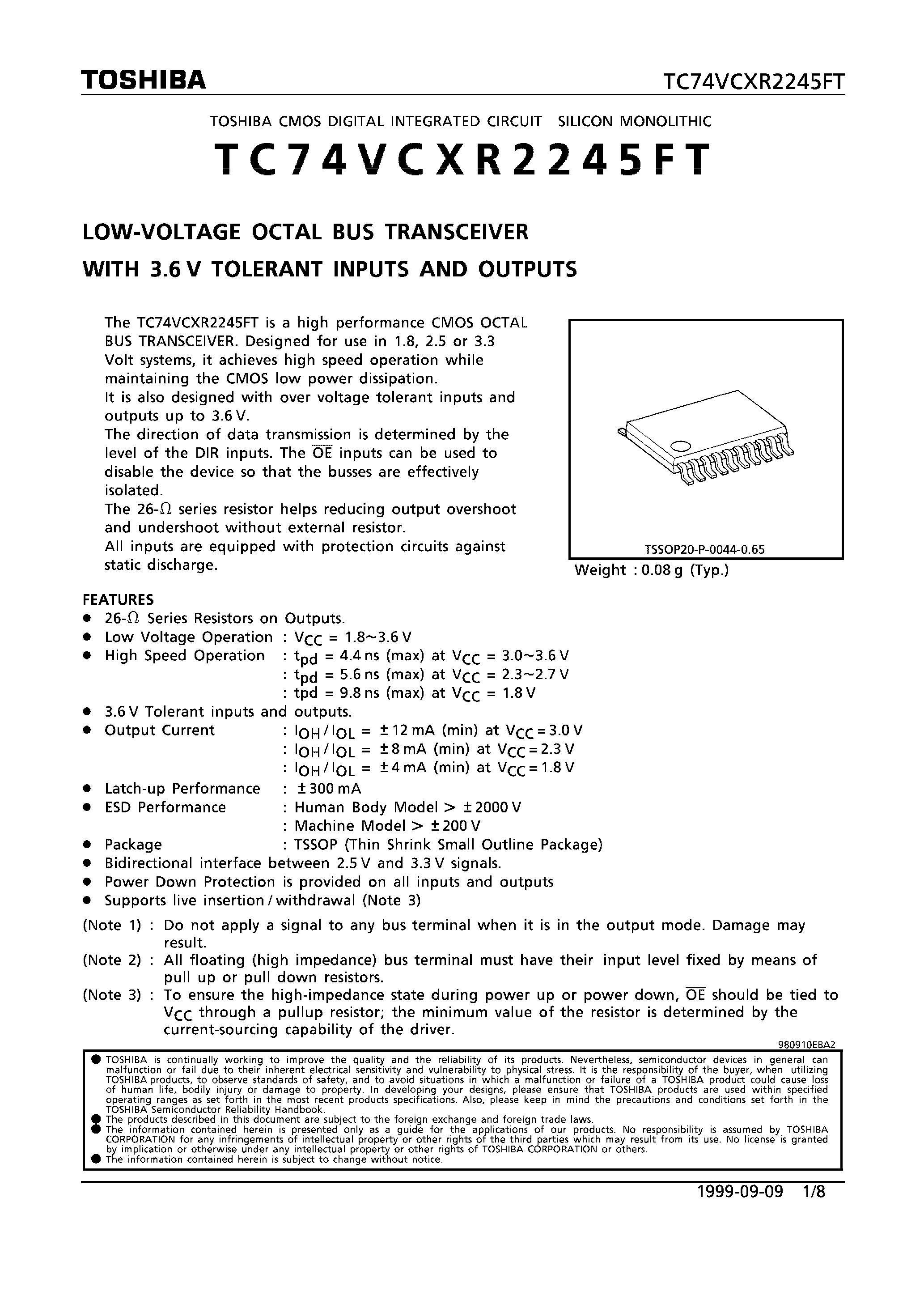 Datasheet TC74VCXR2245FT - LOW VOLTAGE OCTAL BUS TRANSCEIVER WITH 3.6V TOLERANT INPUTS AND OUTPUTS page 1