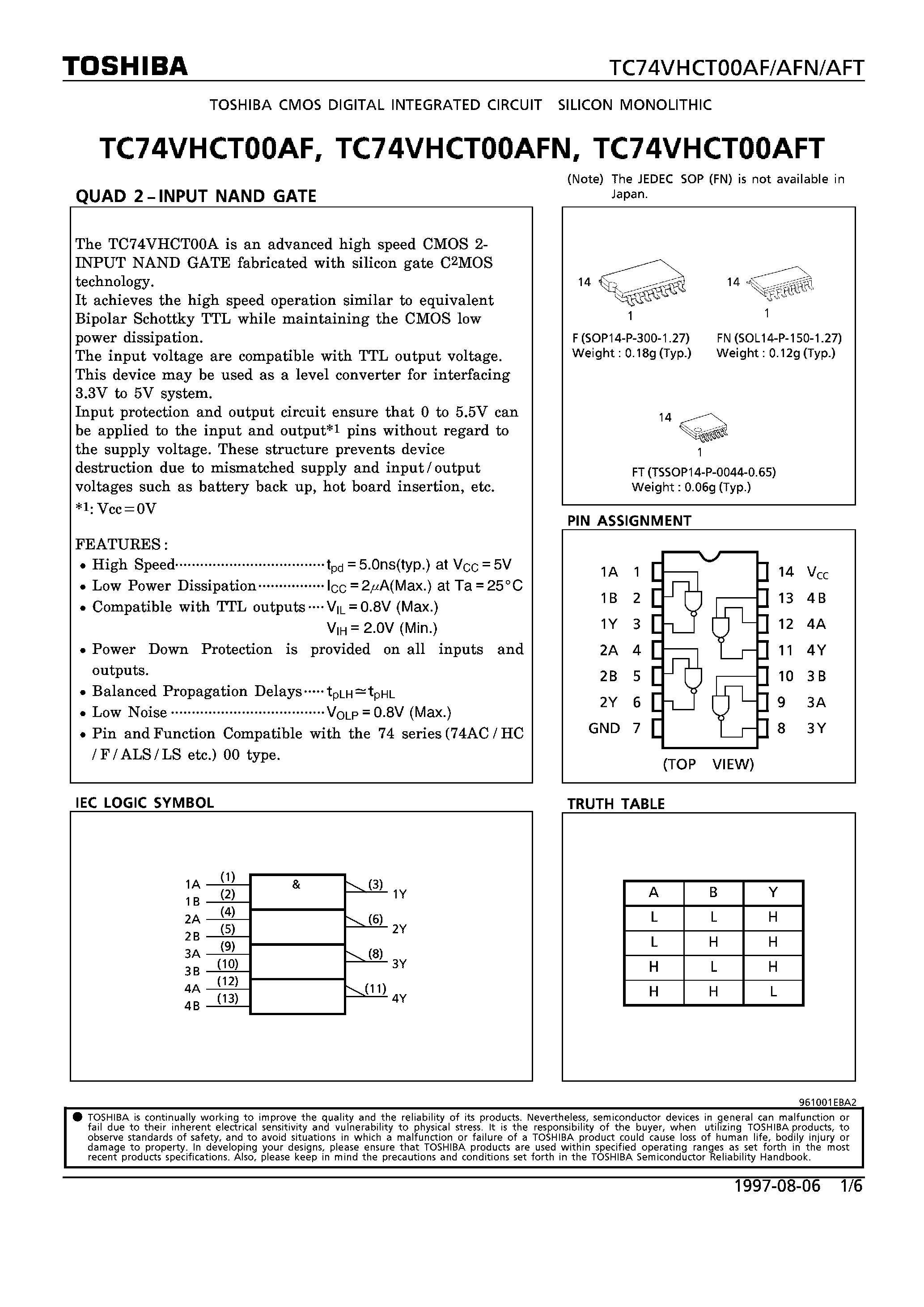 Datasheet TC74VHC00AFN - QUAD 2-INPUT NAND GATE page 1