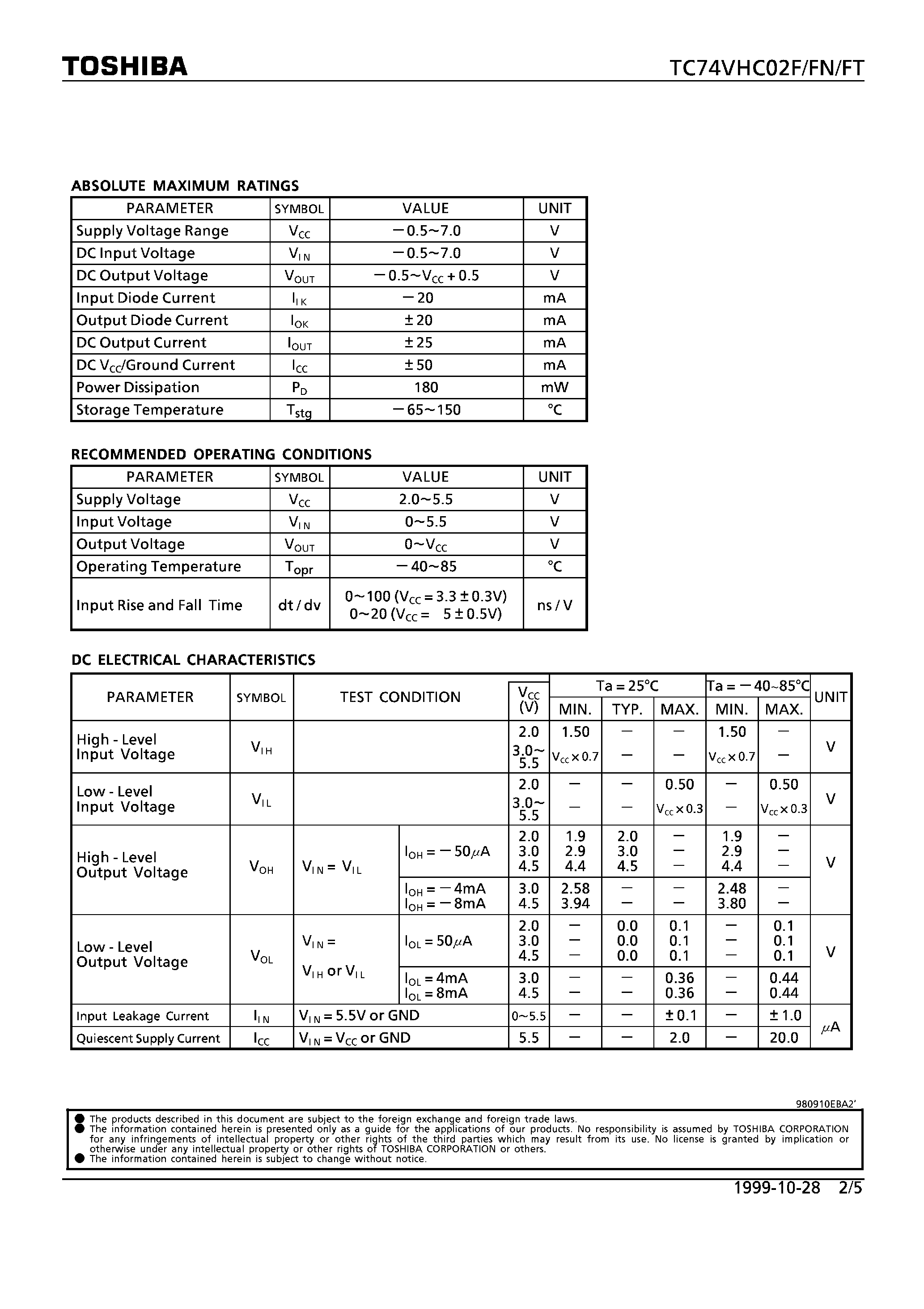 Datasheet TC74VHC02 - QUAD 2-INPUT NOR GATE page 2