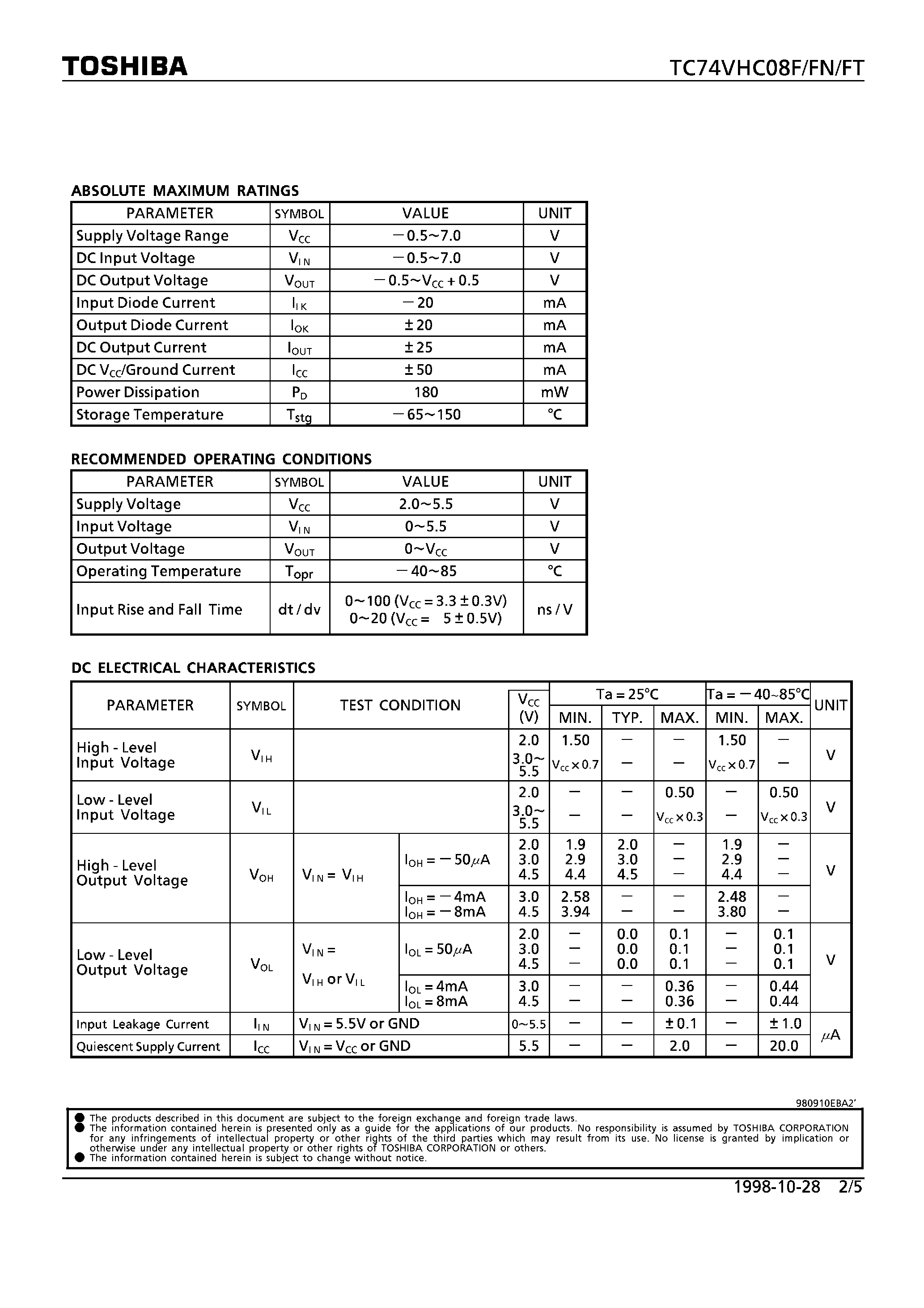 Datasheet TC74VHC08FN - QUAD 2-INPUT AND GATE page 2