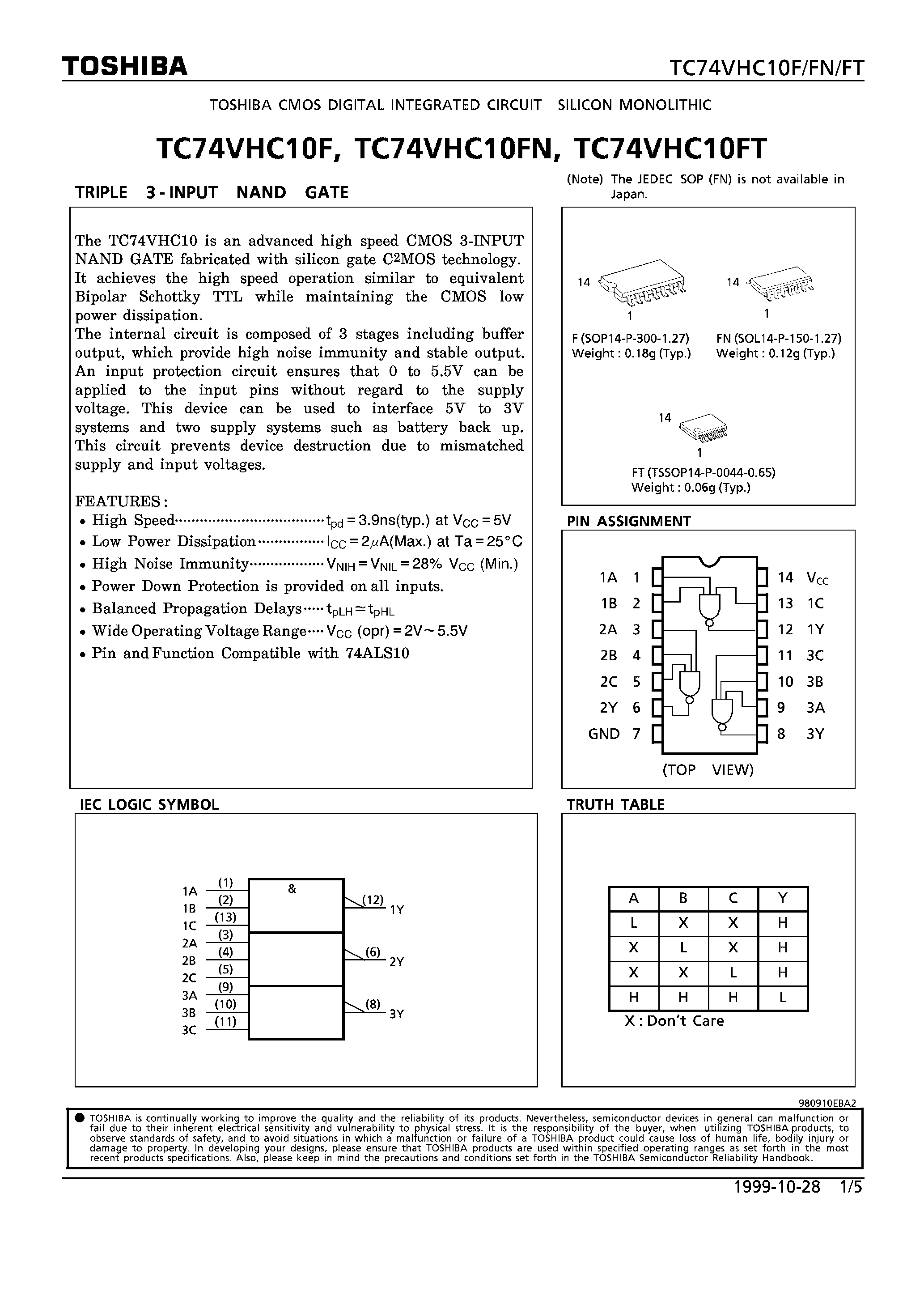 Datasheet TC74VHC10F - TRIPLE 3-INPUT NAND GATE page 1