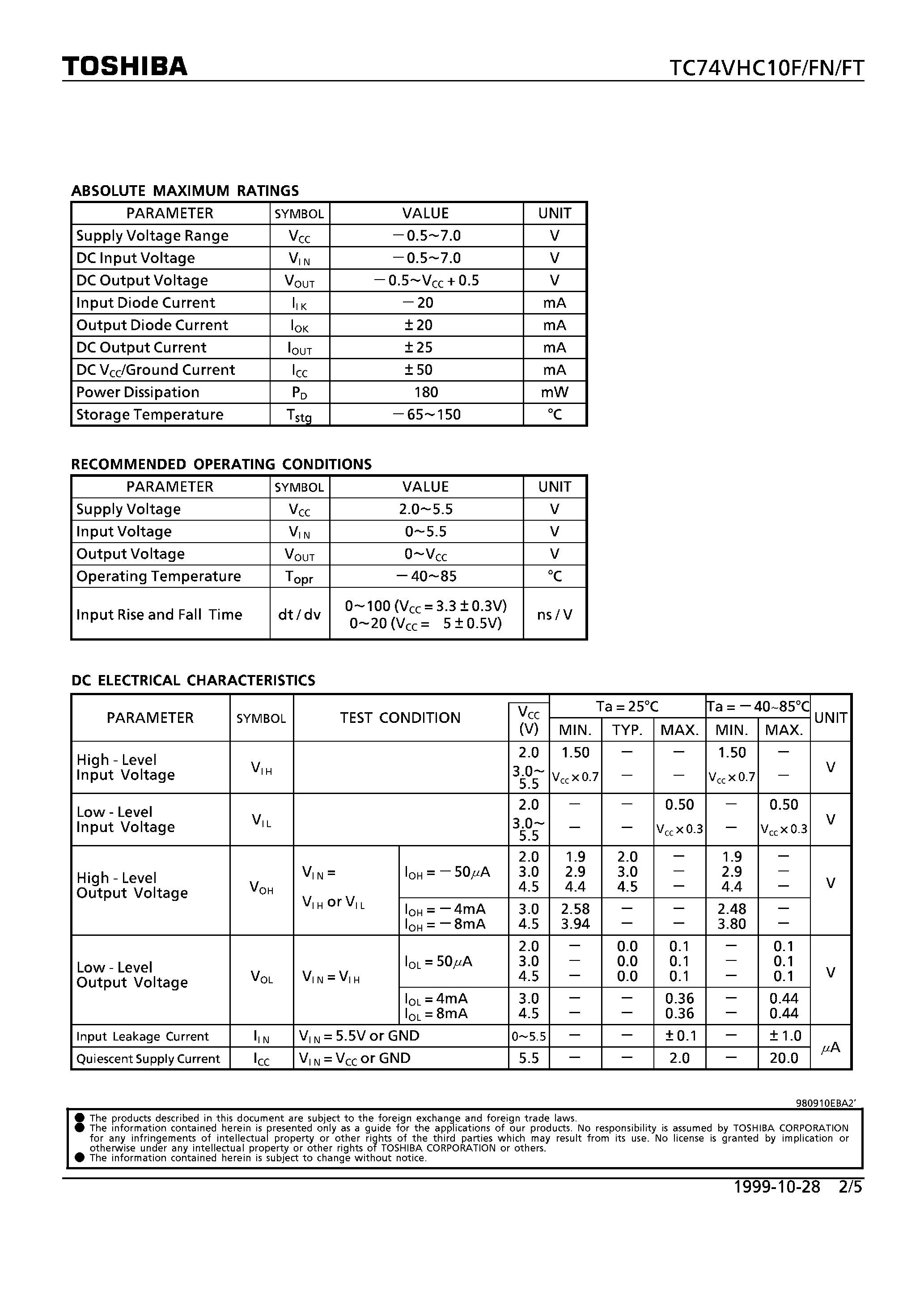 Datasheet TC74VHC10FN - TRIPLE 3-INPUT NAND GATE page 2