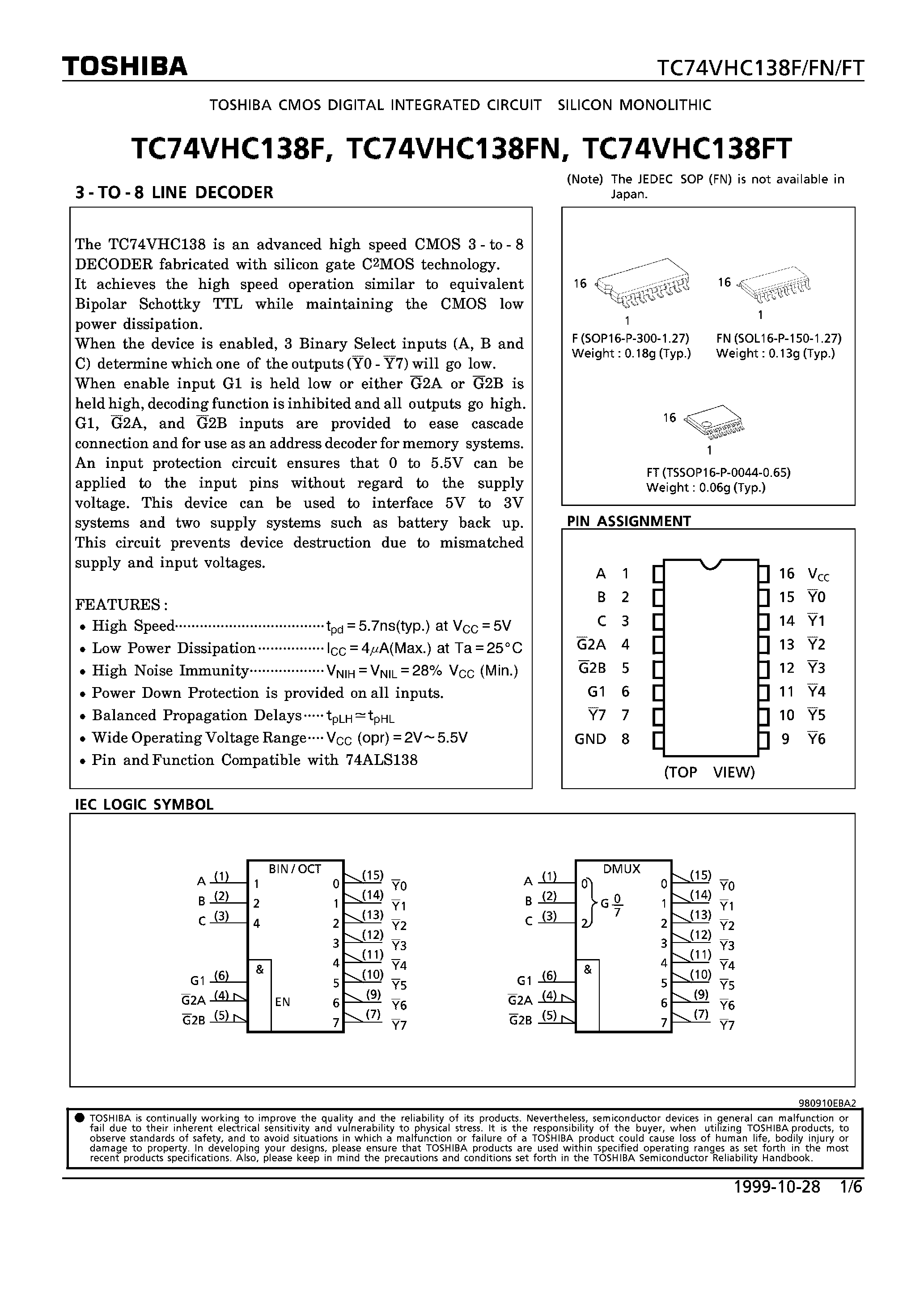 Даташит TC74VHC138F - 3-TO-8 LINE DECODOR страница 1