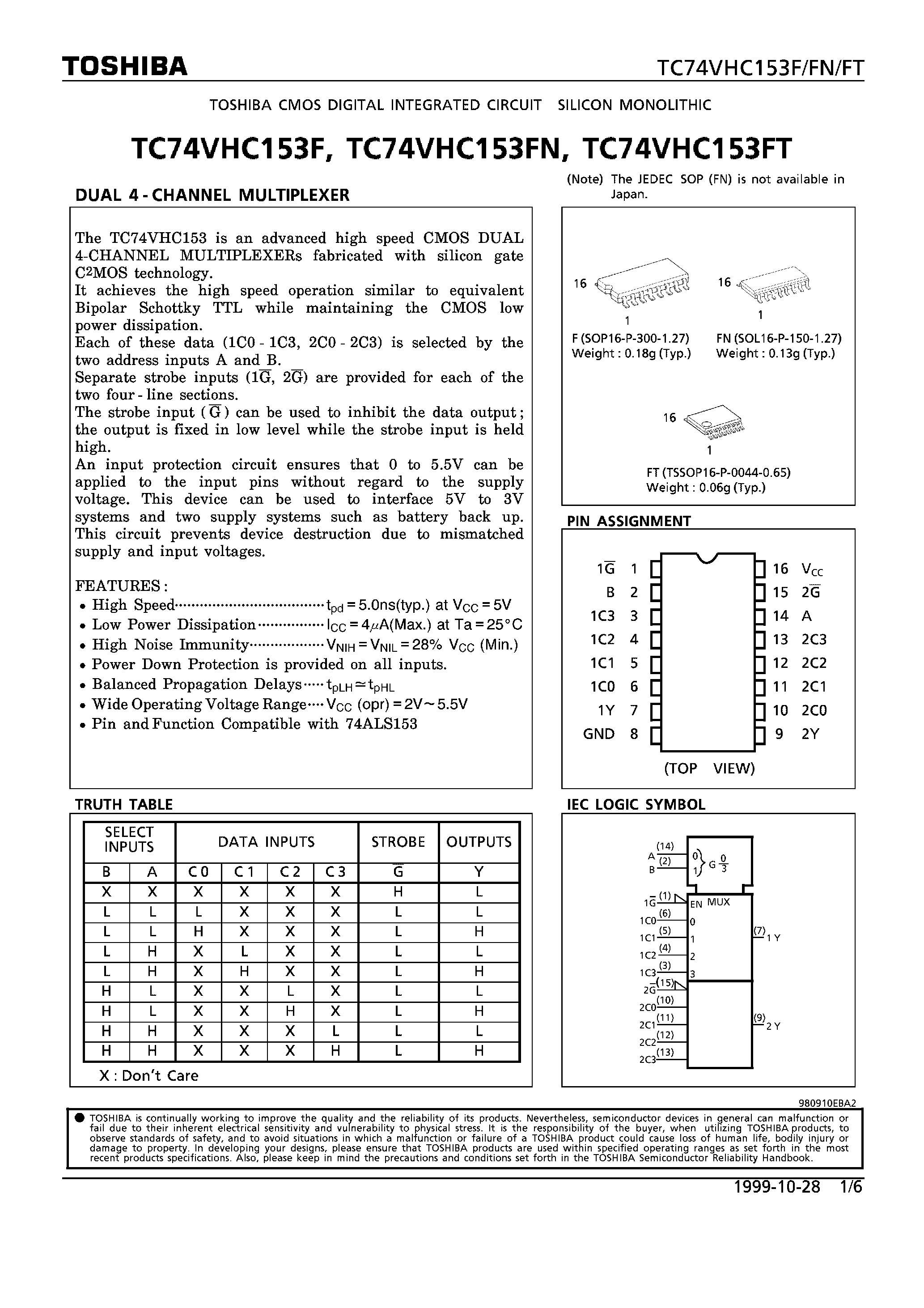 Datasheet TC74VHC153FT - DUAL 4-CHANNEL MULTIPLEXER page 1