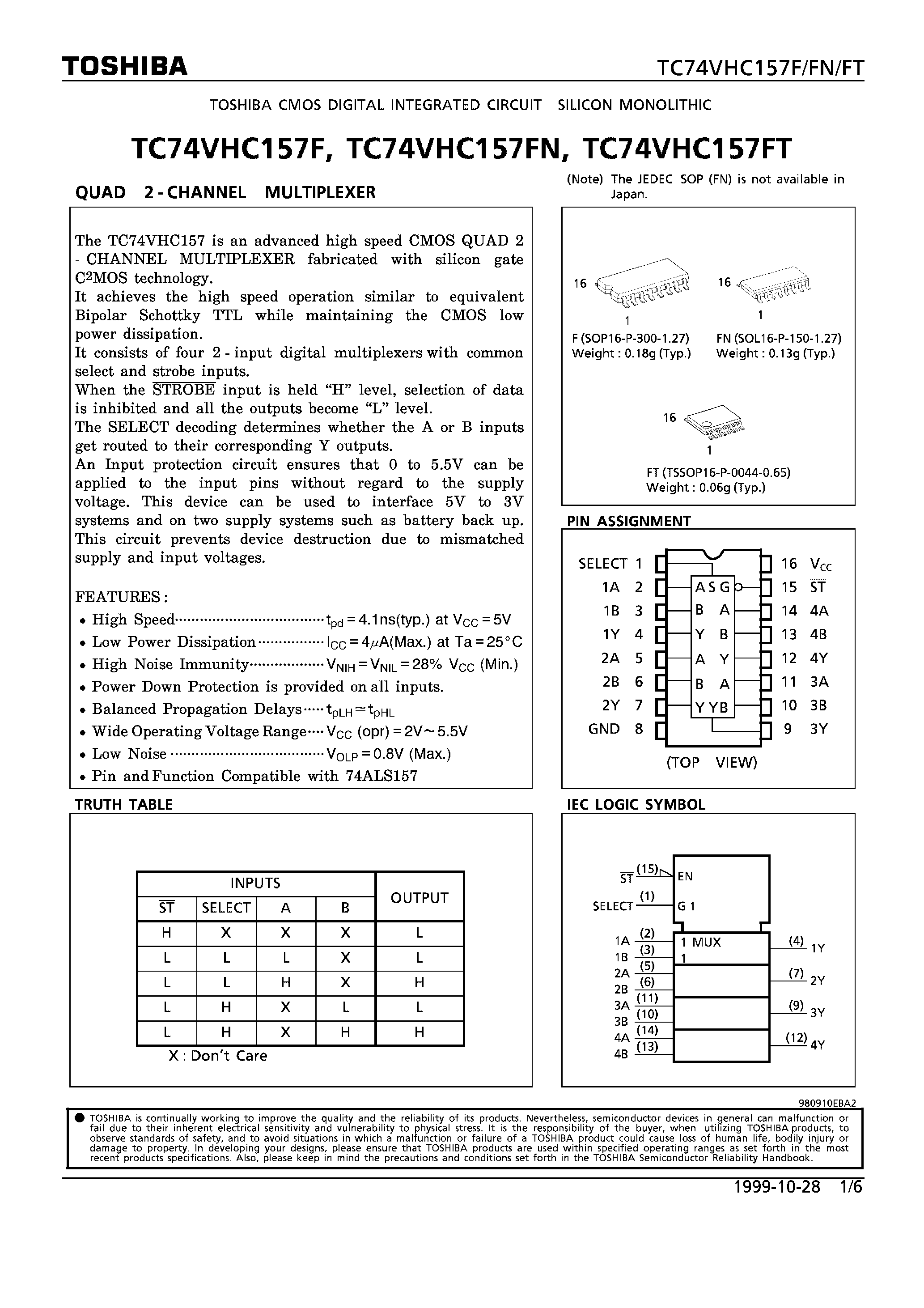 Datasheet TC74VHC157FN - QUAD 2-CHANNEL MULTIPLEXER page 1