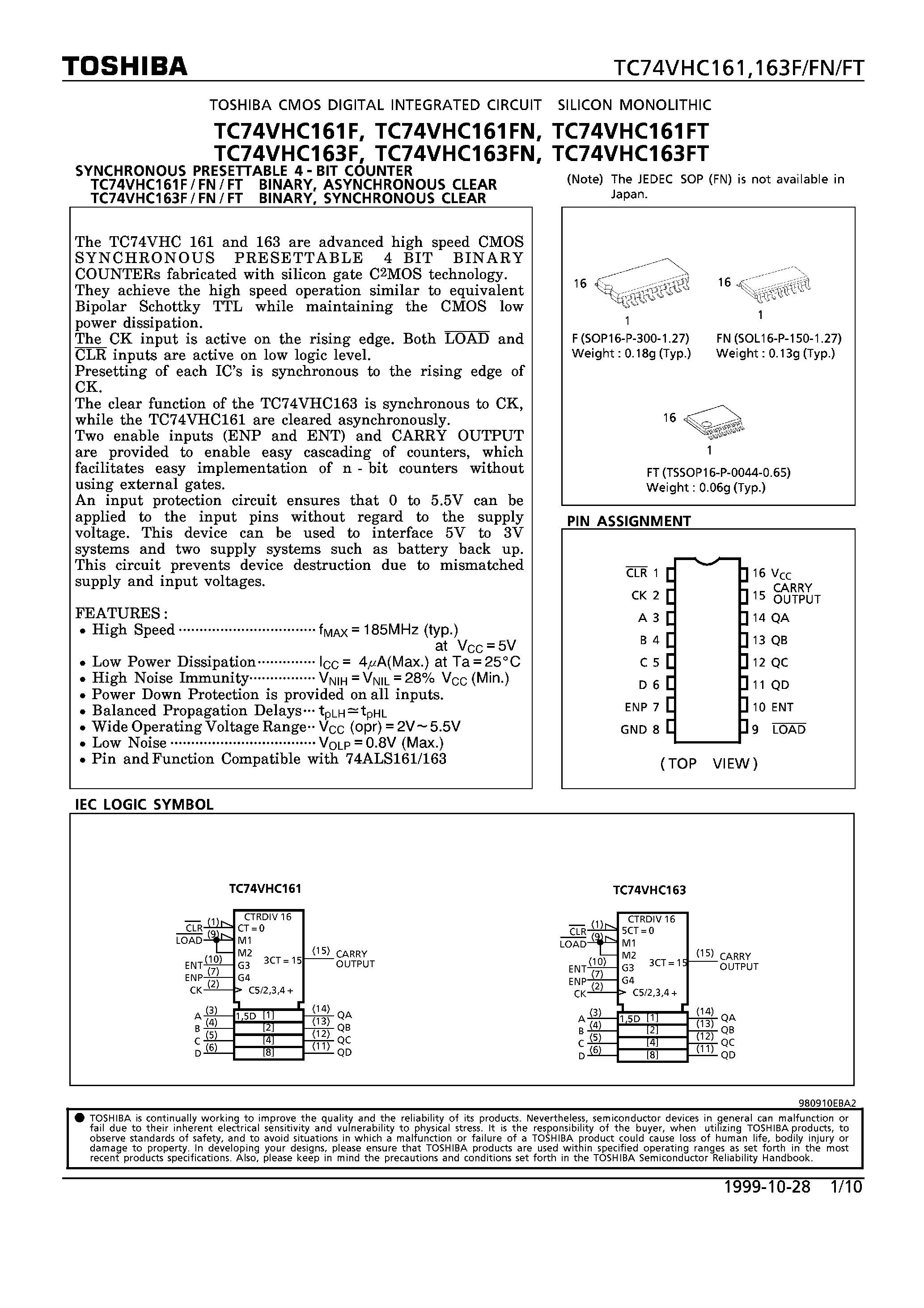 Datasheet TC74VHC161 page 1 Datasheet TC74VHC161 - SYNCHROMOUS PRESETTABLE 4-BIT COUNTER page 1