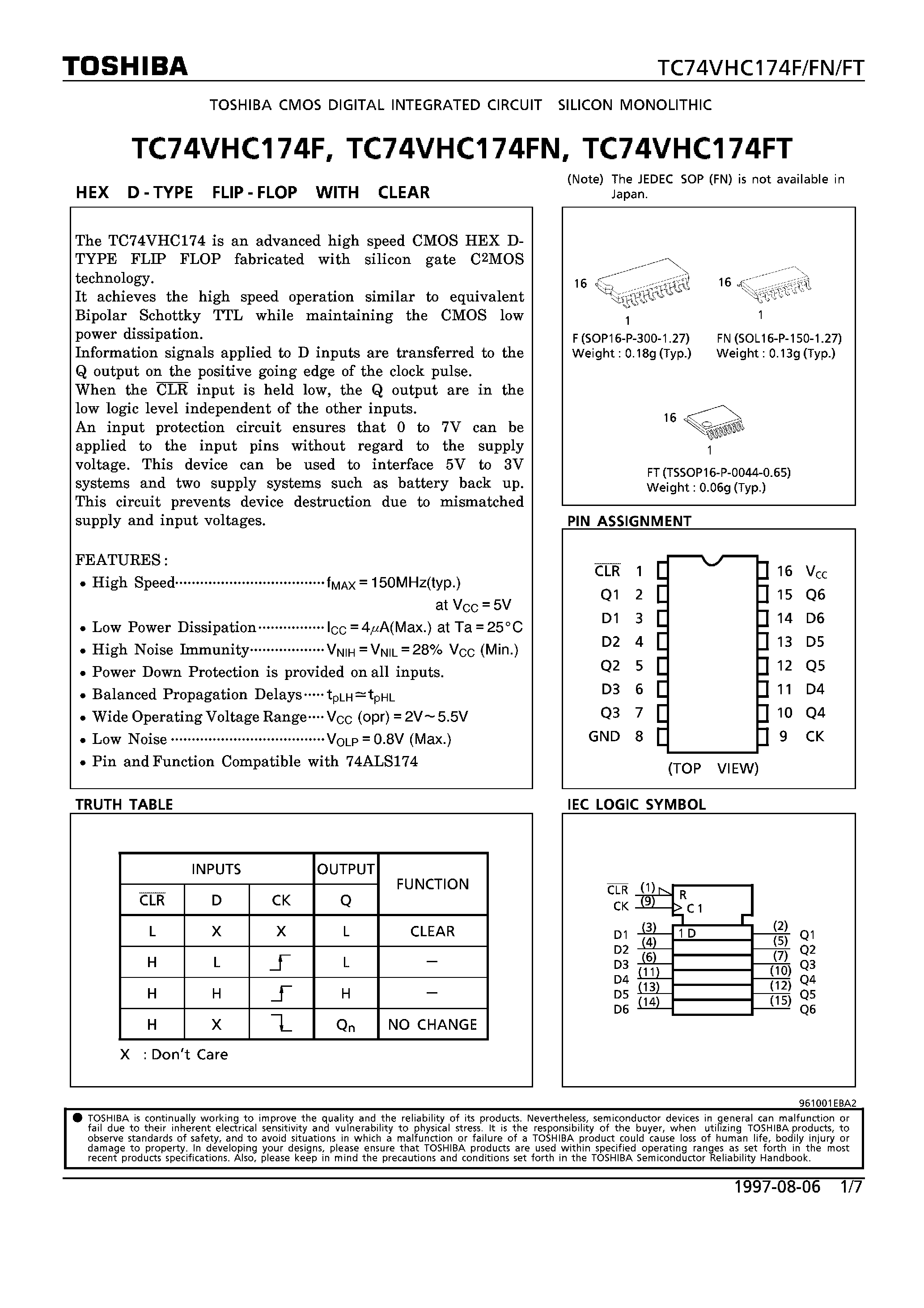 Datasheet TC74VHC174F page 1 Datasheet TC74VHC174F - HEX D-TYPE FLIP-FLOP WITH CLEAR page 1
