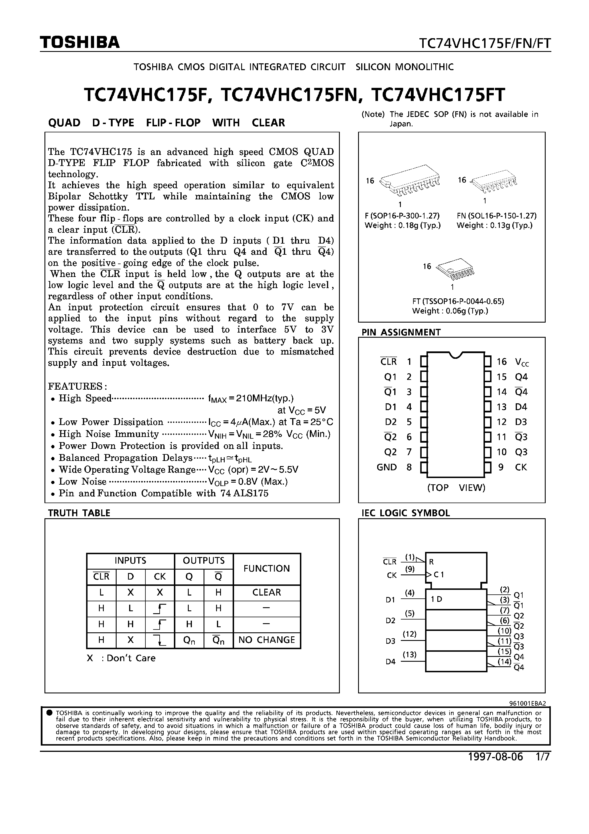 Даташит TC74VHC175FN - QUAD D-TYPE FLIP-FLOP WITH CLEAR страница 1
