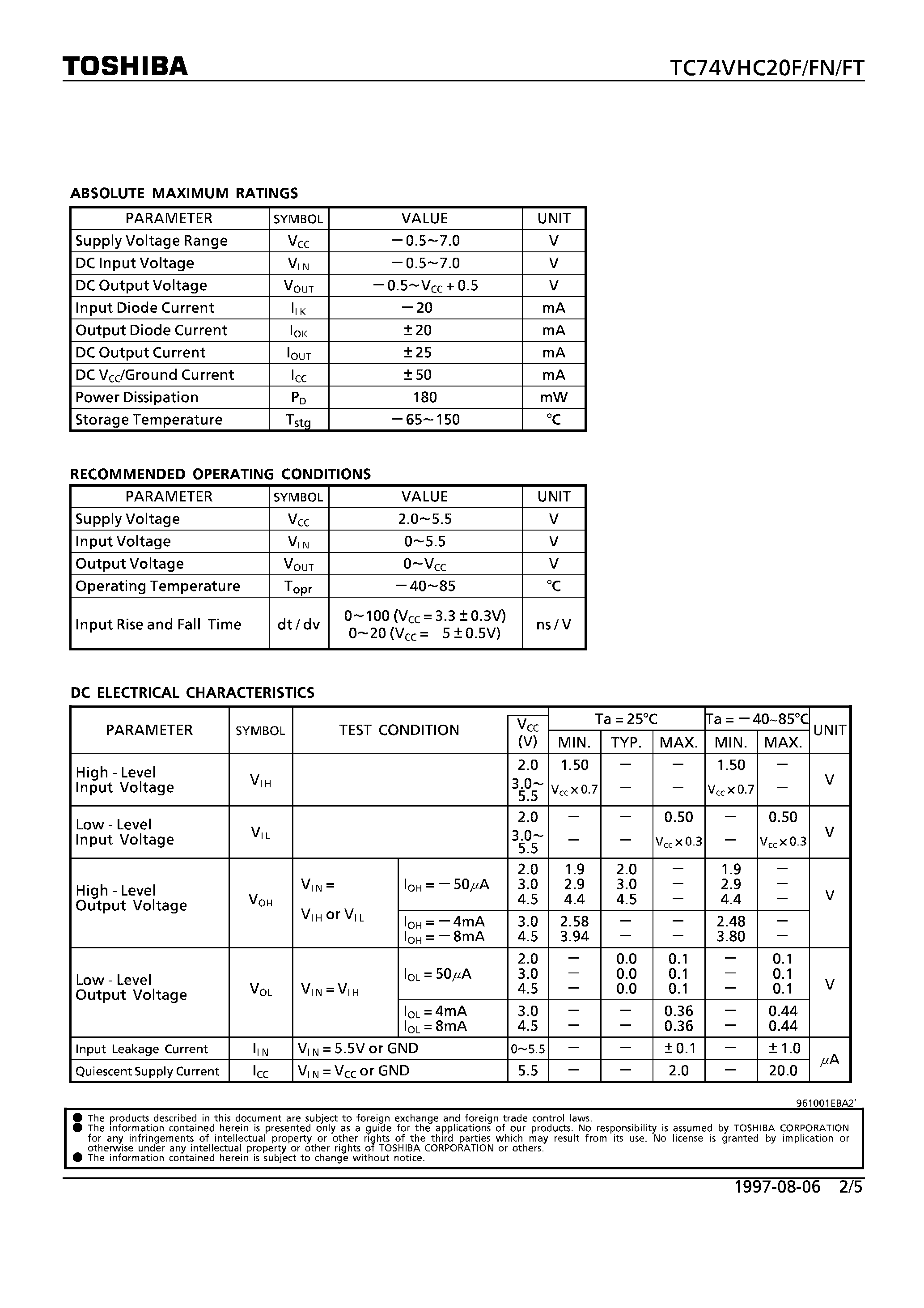 Datasheet TC74VHC20FN - DUAL 4-INPUT NAND GATE page 2