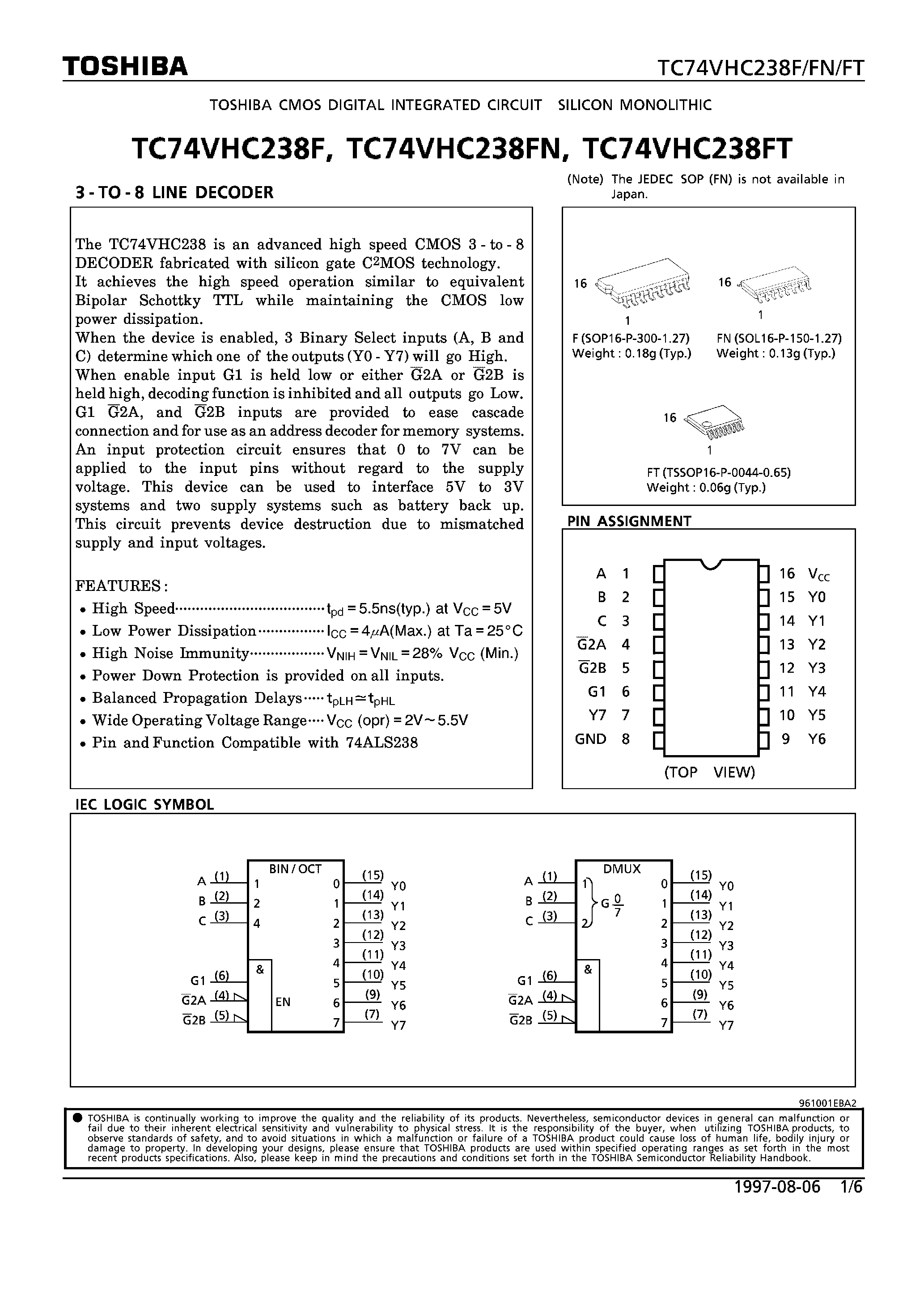 Даташит TC74VHC238F - 3-TO-8 LINE DECODER страница 1