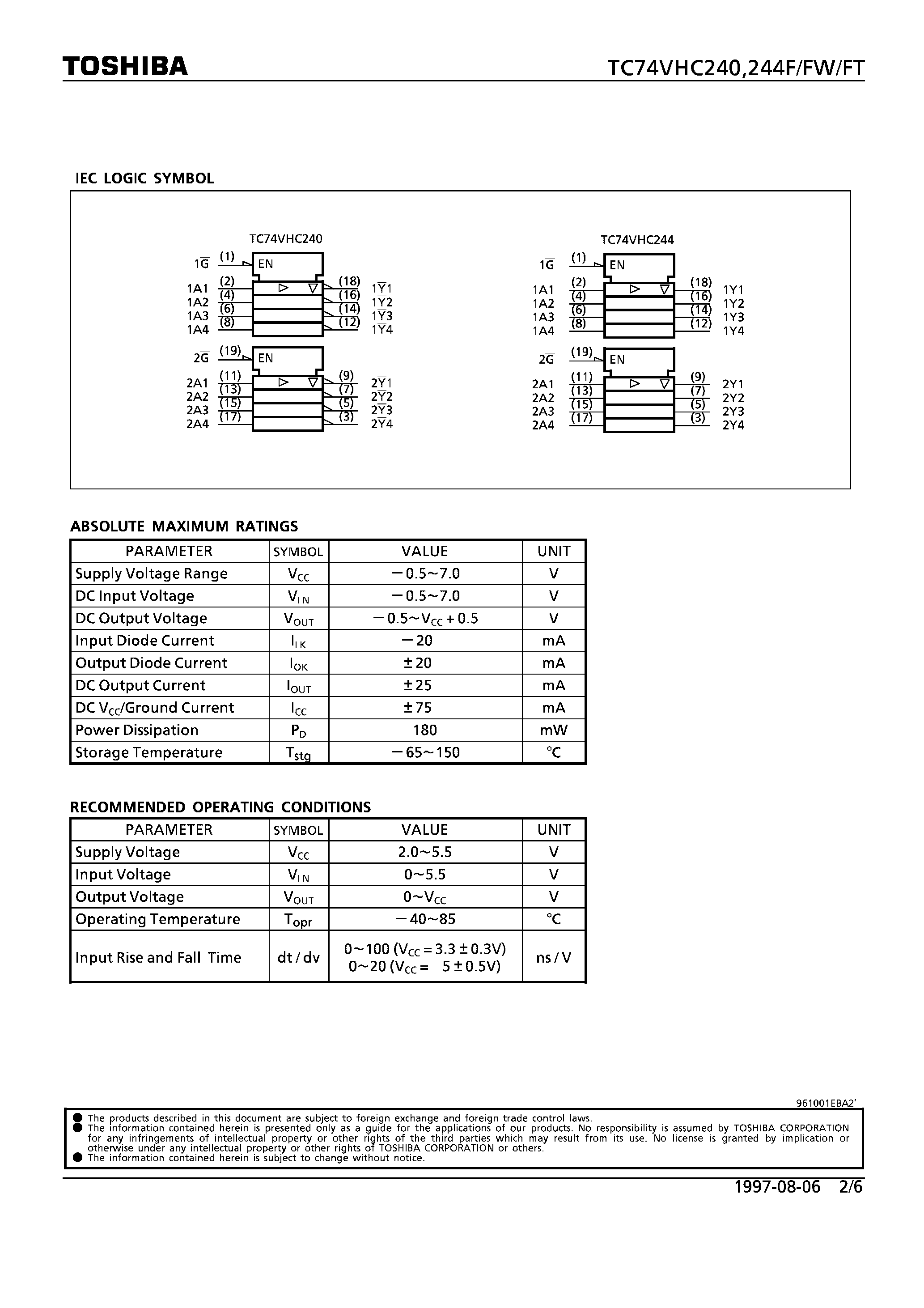 Datasheet TC74VHC240F - OCTAL BUS BUFFER. INVERTED/NON-INVERTED/ 3-STATE OUTPUTS page 2