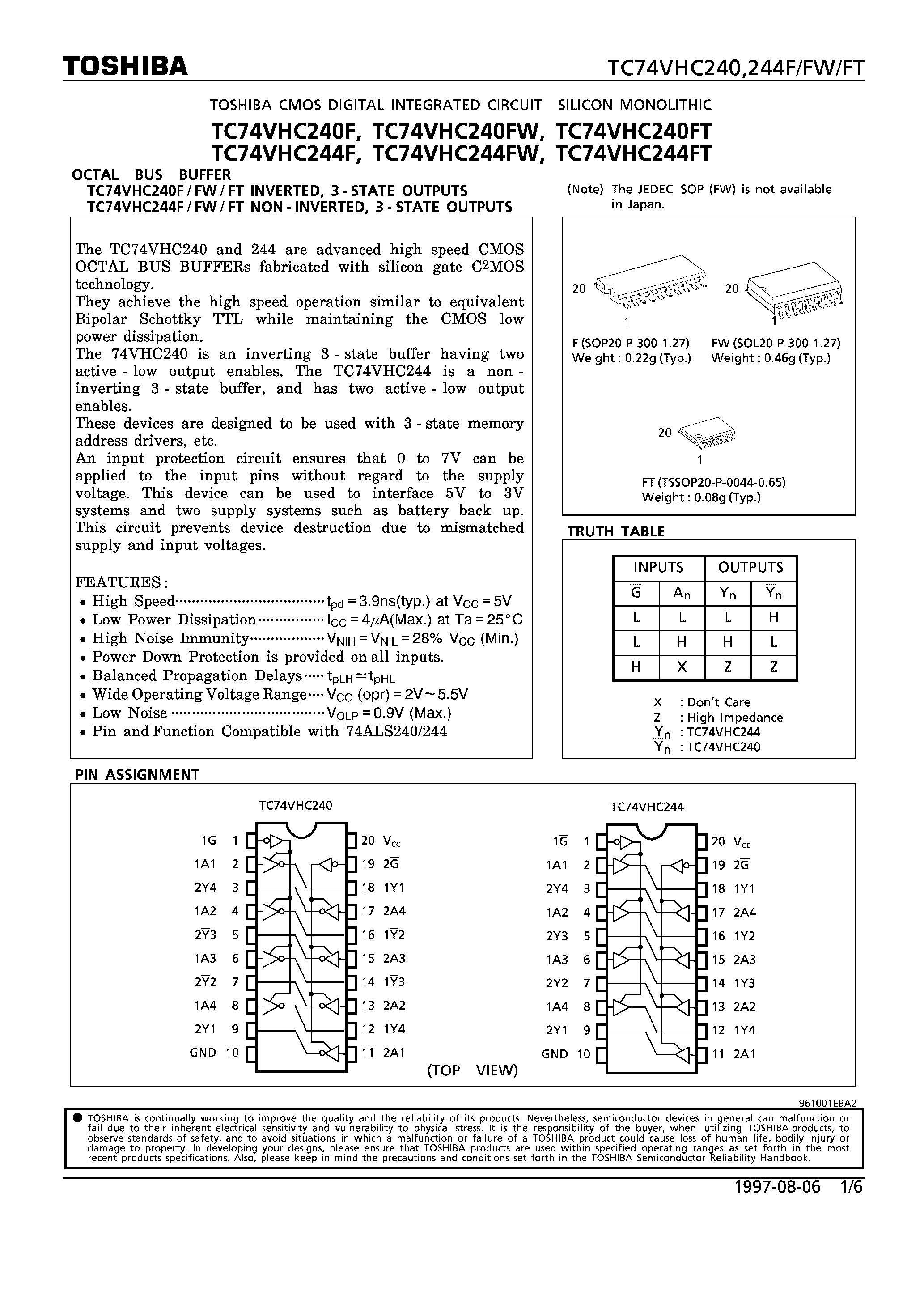 Datasheet TC74VHC240FW page 1 Datasheet TC74VHC240FW - OCTAL BUS BUFFER. INVERTED/NON-INVERTED/ 3-STATE OUTPUTS page 1