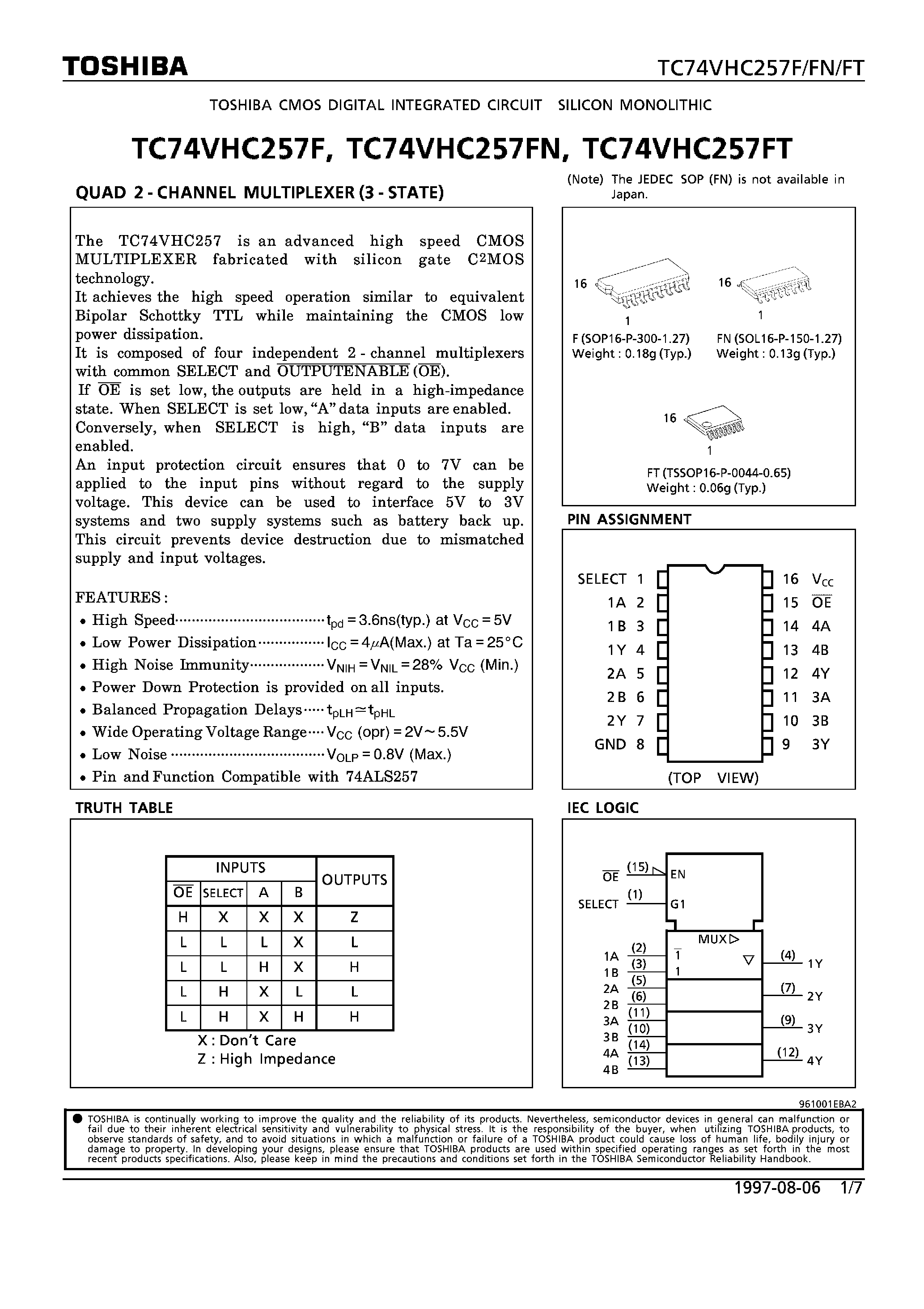 Datasheet TC74VHC257F - QUAD 2-CHANNEL MULTIPLEXER (3-STATE) page 1