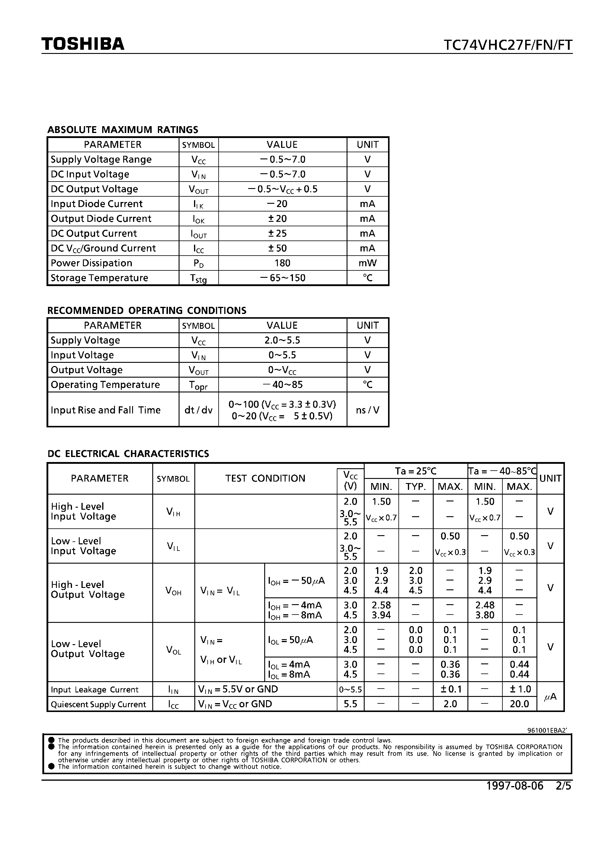 Datasheet TC74VHC27F - TRIPLE 3-INPUT NOR GATE page 2