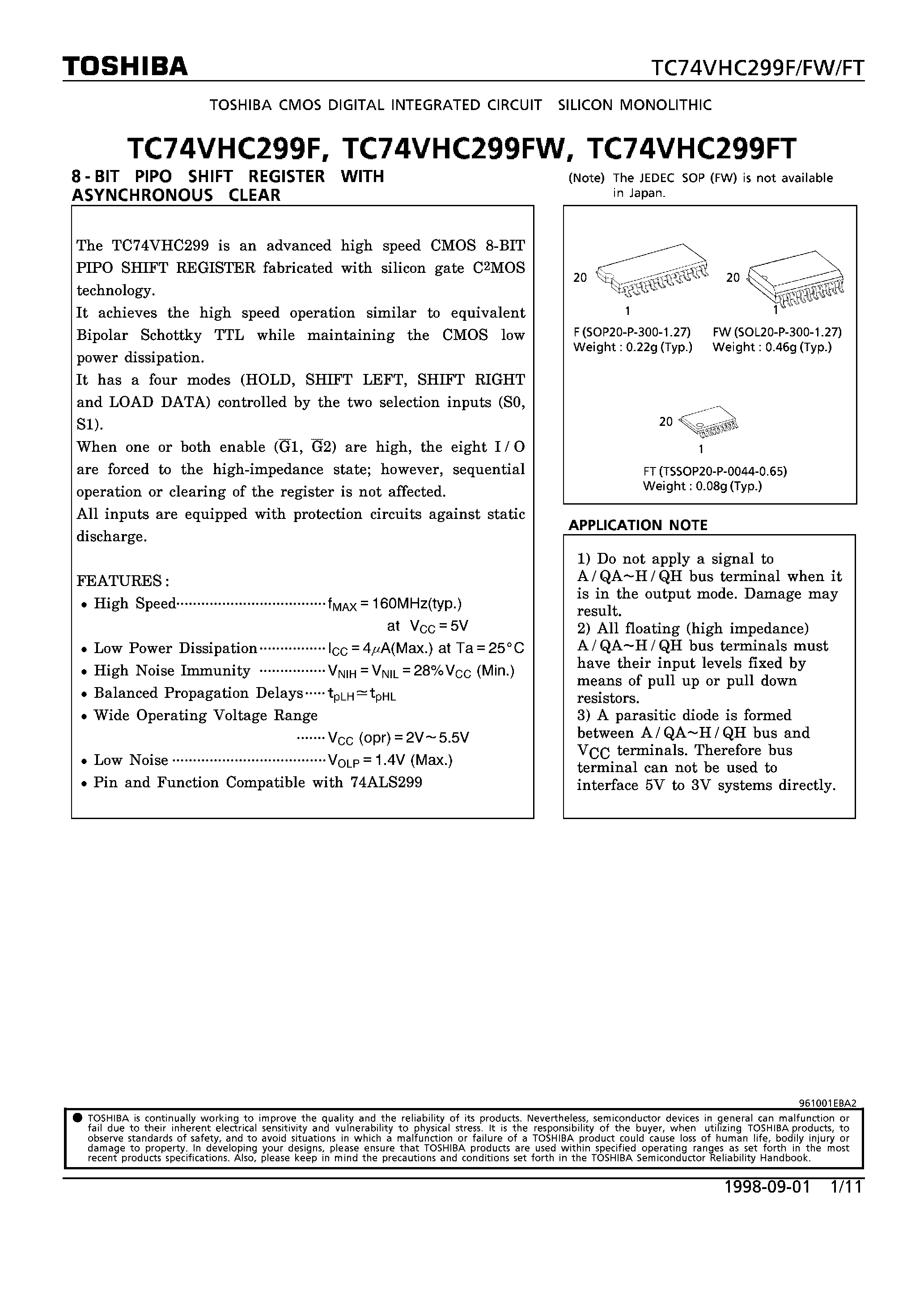 Даташит TC74VHC299F - 8-BIT PIPO SHIFT REGISTER WITH ASYNCHRONOUS CLEAR страница 1