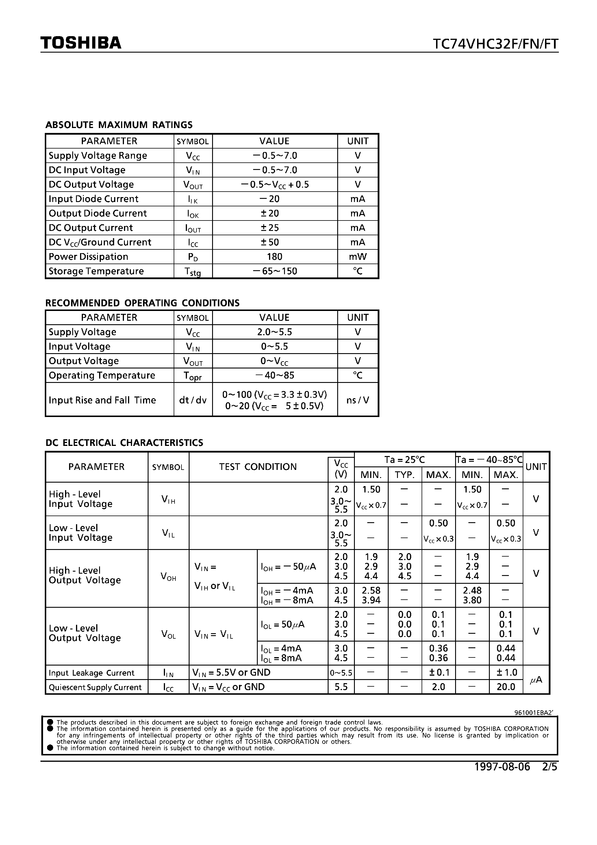 Datasheet TC74VHC32FN - QUAD 2-INPUT OR GATE page 2