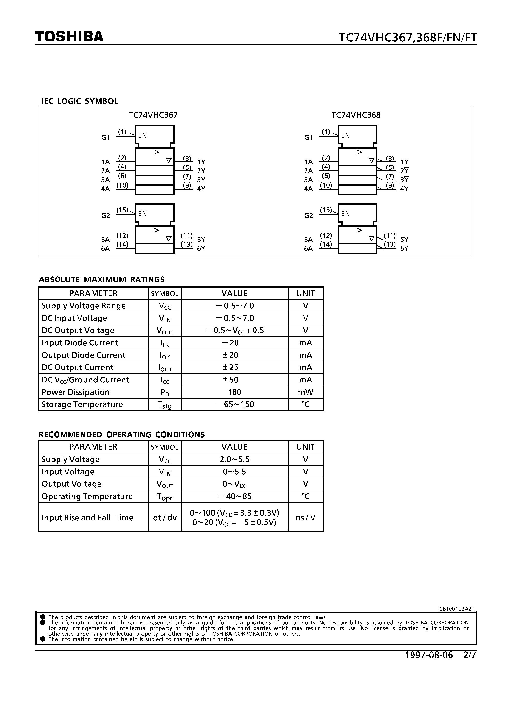 Datasheet TC74VHC367FN - HEX BUS BUFFER NON-INVERTED/INVERTED/ 3-STATE OUTPUTS page 2