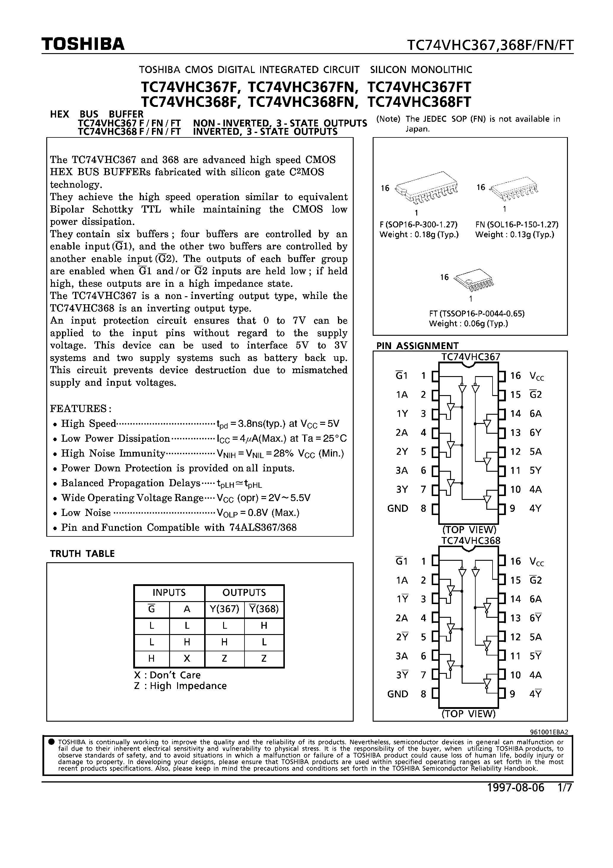 Datasheet TC74VHC367FT - HEX BUS BUFFER NON-INVERTED/INVERTED/ 3-STATE OUTPUTS page 1