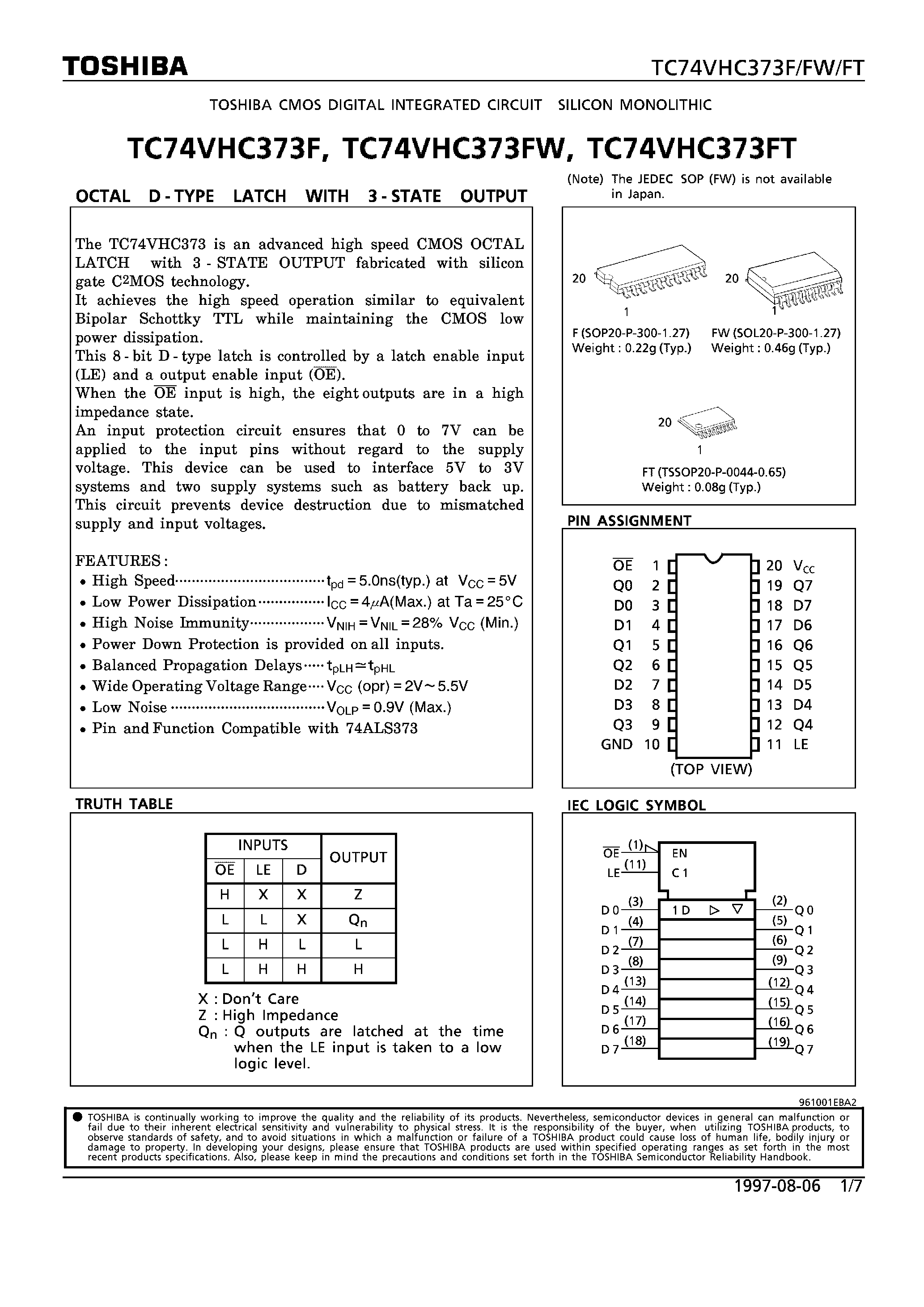Даташит на микросхему TC74VHC373FT страница 1 Даташит TC74VHC373FT - OCTAL D-TYPE LATCH WITH 3-STATE OUTPUT страница 1