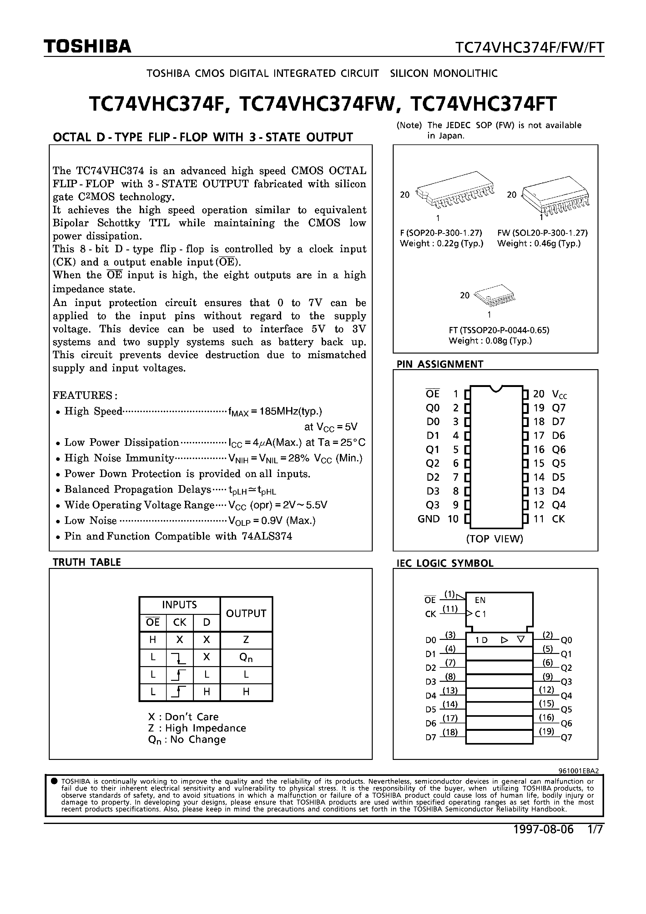 Datasheet TC74VHC374F - OCTAL D-TYPE FLIP-FLOP WITH 3-STATE OUTPUT page 1