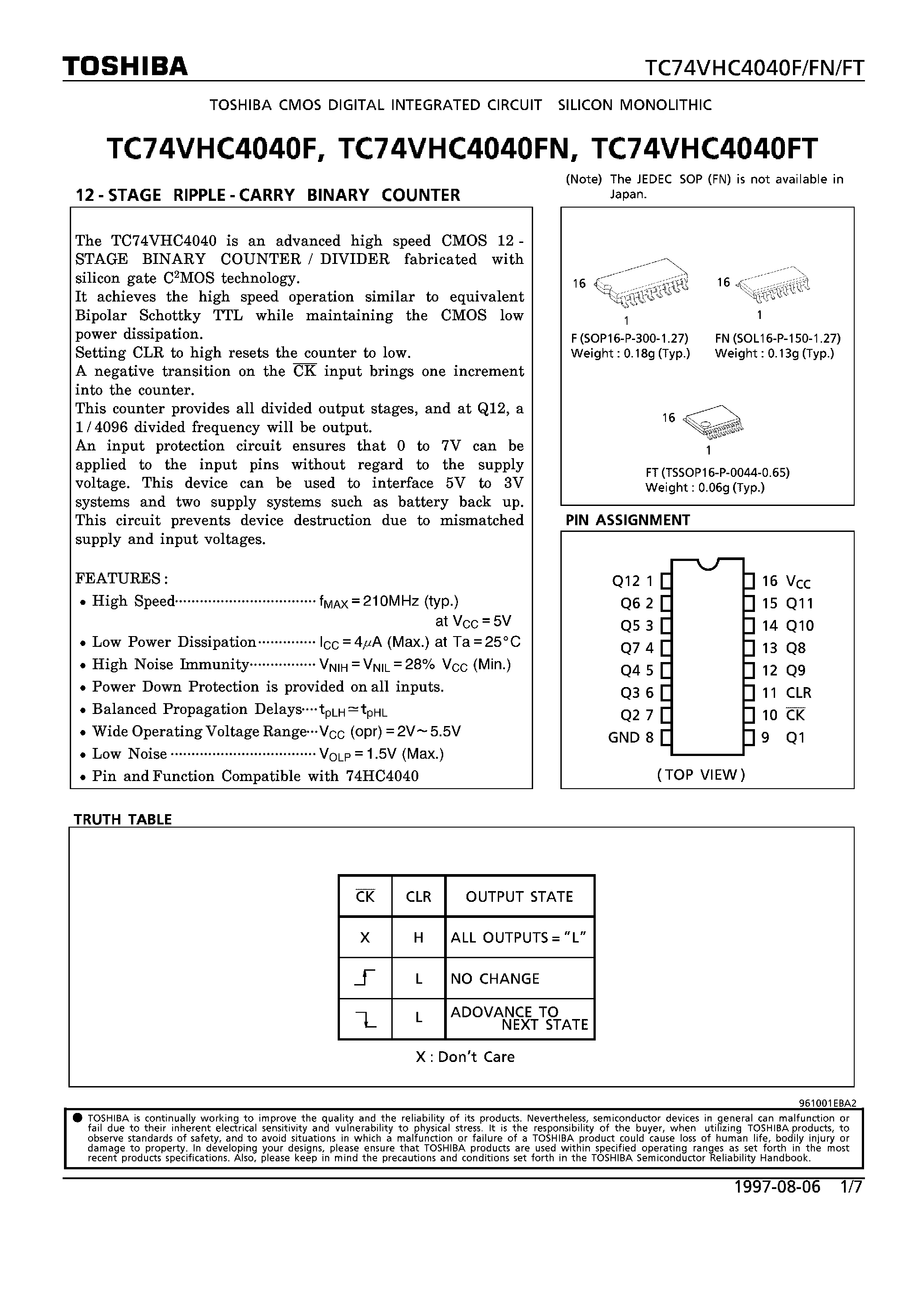 Datasheet TC74VHC4040F - 12-STAGE RIPPLE-CARRY BINARY COUNTER page 1