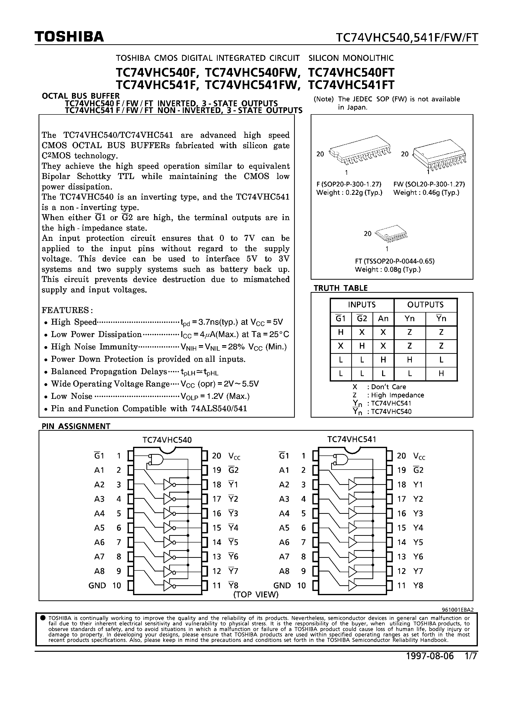Datasheet TC74VHC541F - OCTAL BUS BUFFER INVERTED/NON INVERTED/ 3-STATE OUTPUTS page 1