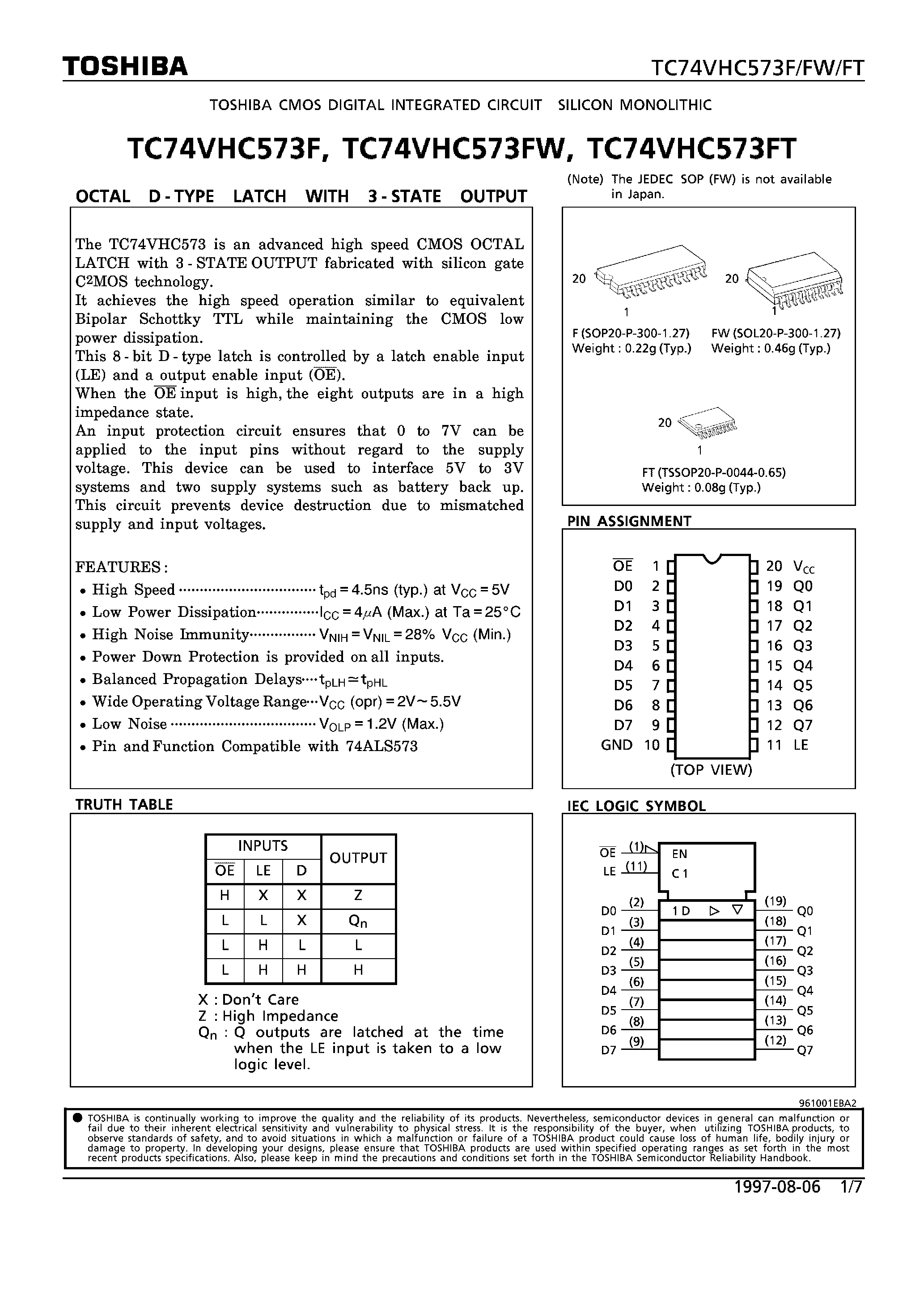 Datasheet TC74VHC573F - OCTAL D-TYPE LATCH WITH 3-STATE OUTPUT page 1