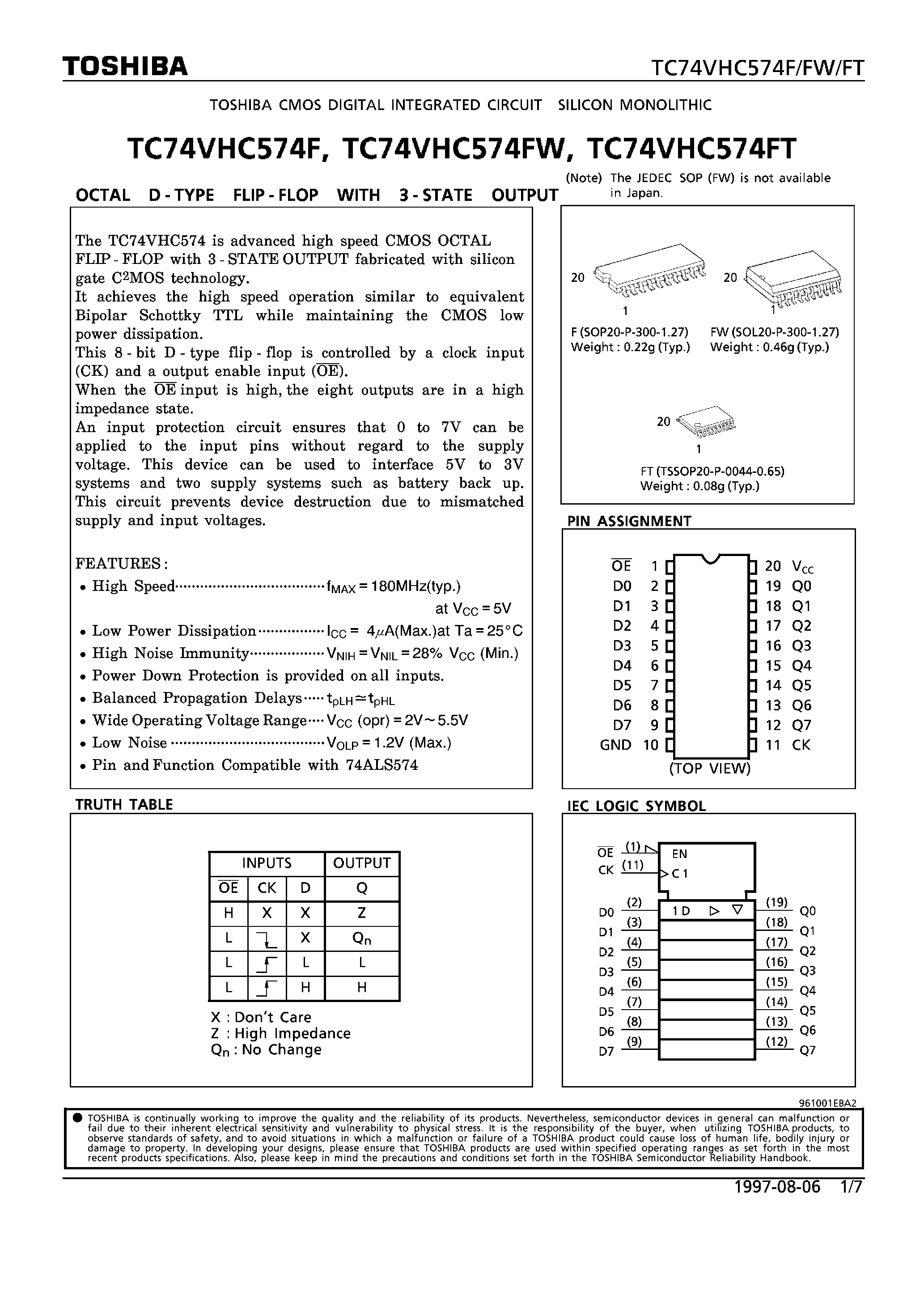 Datasheet TC74VHC574 page 1 Datasheet TC74VHC574 - OCTAL D-TYPE FLIP-FLOP WITH 3-STATE OUTPUT page 1