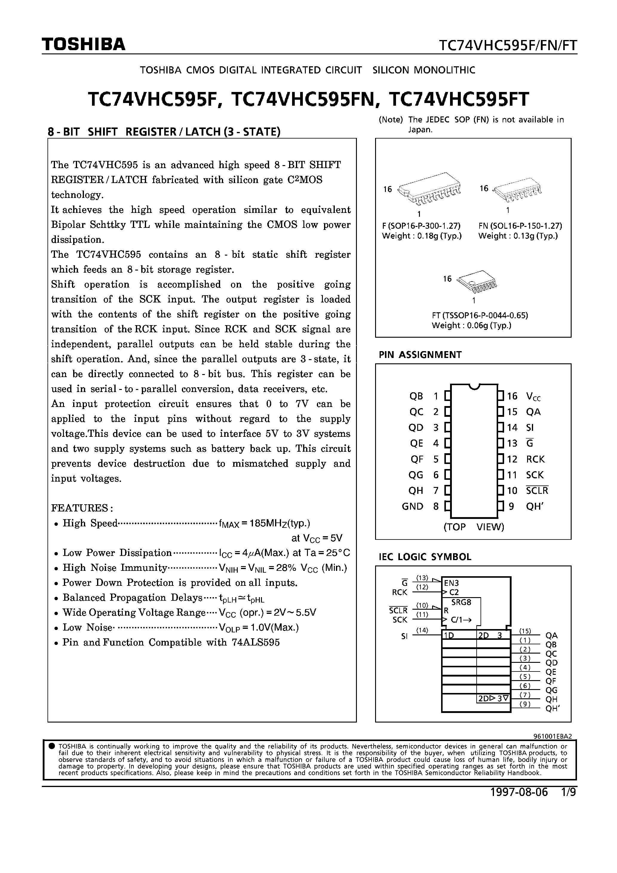 Datasheet TC74VHC575FT - 8-BIT SHIFT REGISTER/LATCH(3-STATE) page 1