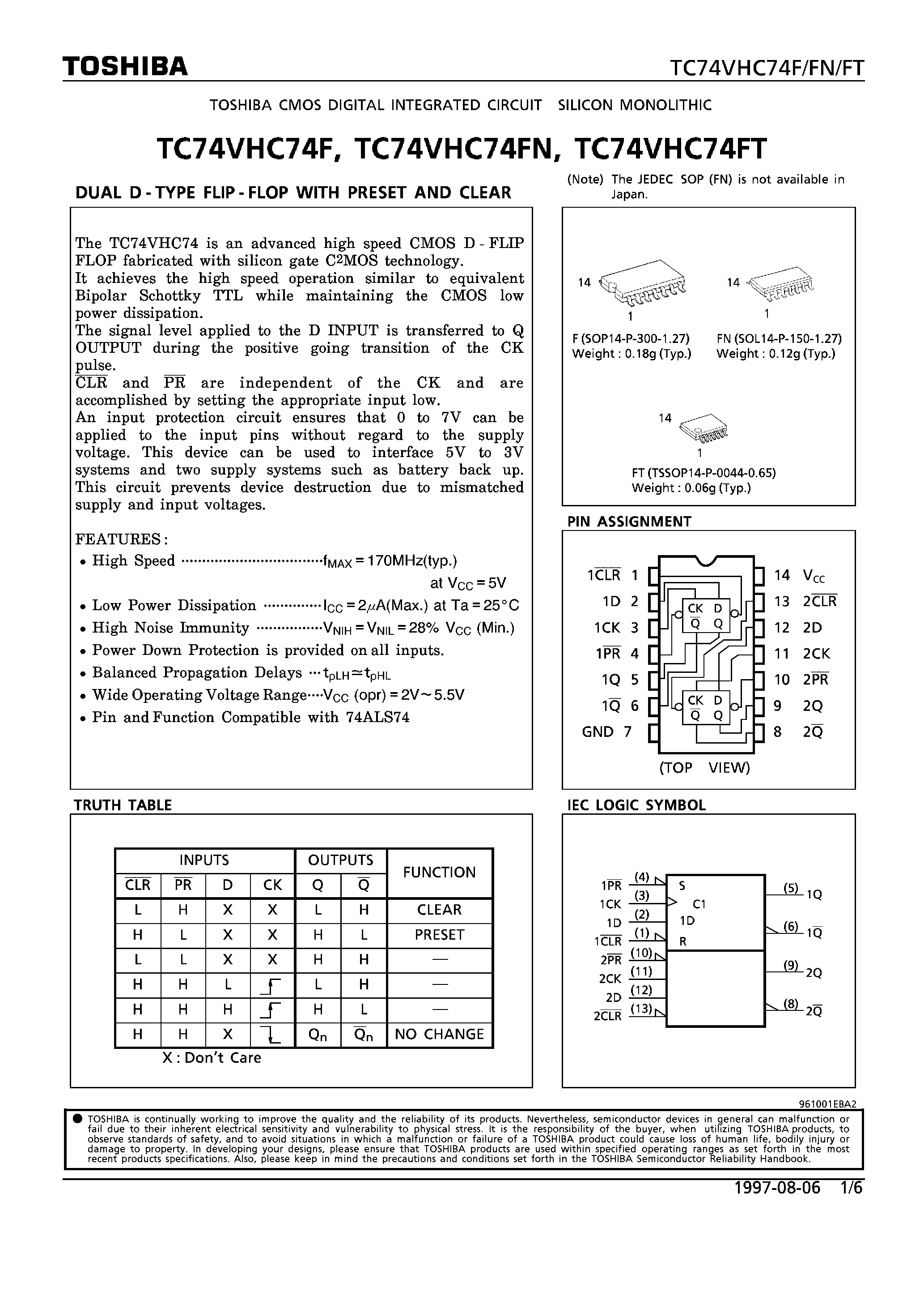 Datasheet TC74VHC74 - DUAL D-TYPE FLIP-FLOP WITH PRESET AND CLEAR page 1