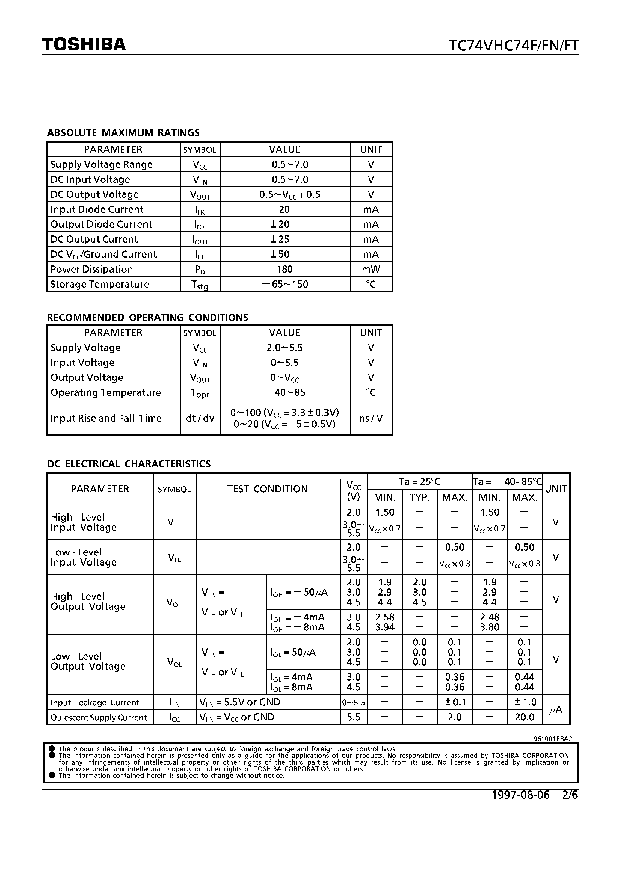 Datasheet TC74VHC74 - DUAL D-TYPE FLIP-FLOP WITH PRESET AND CLEAR page 2