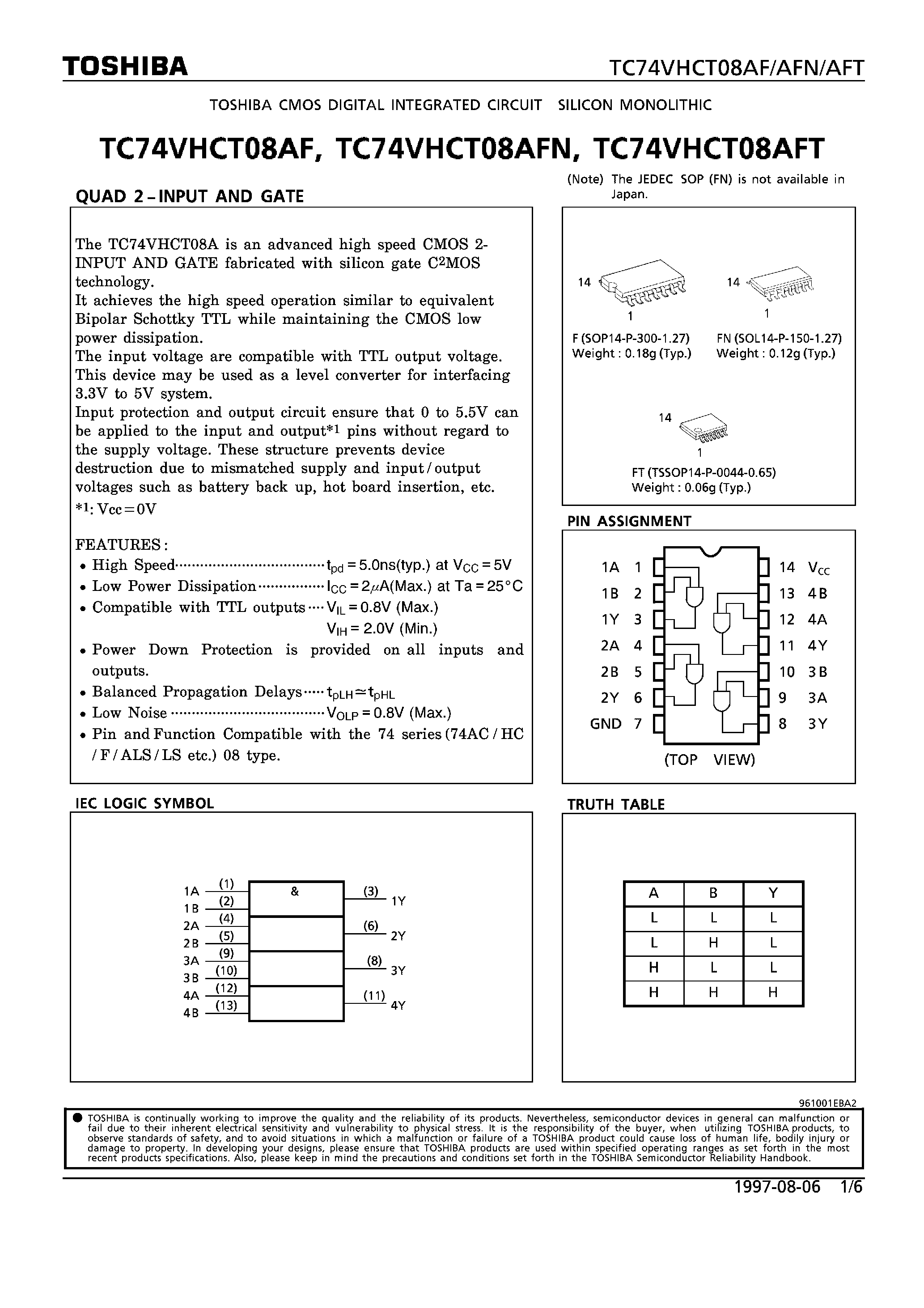 Даташит на микросхему TC74VHCT08AFT страница 1 Даташит TC74VHCT08AFT - QUAD 2-INPUT AND GATE страница 1